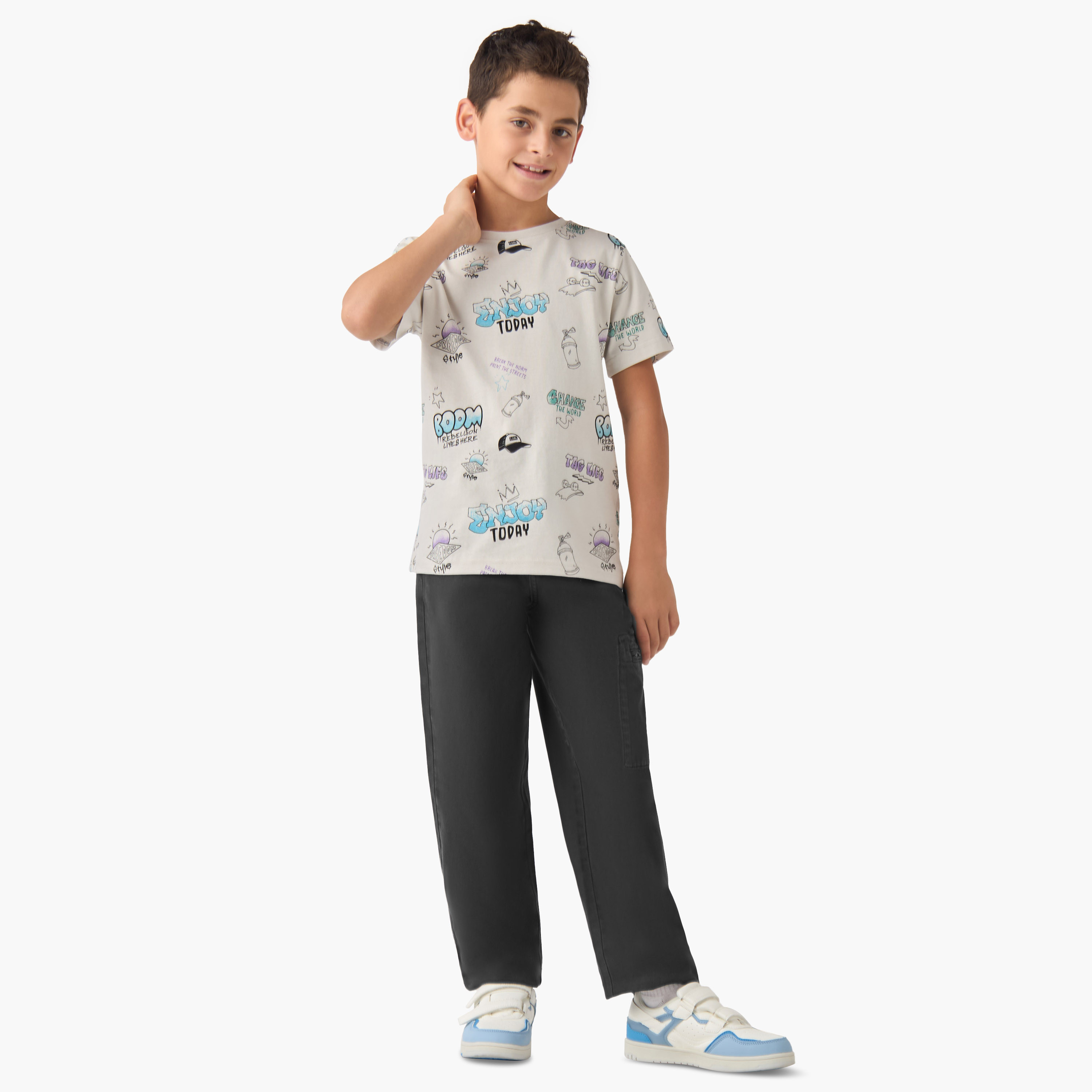 تيشيرت بياقة مستديرة بطبعات جرافيتي - قطن - أكمام قصيرة أولاد من جونيورز-boys-clothing-tshirtsandpolos-image-2