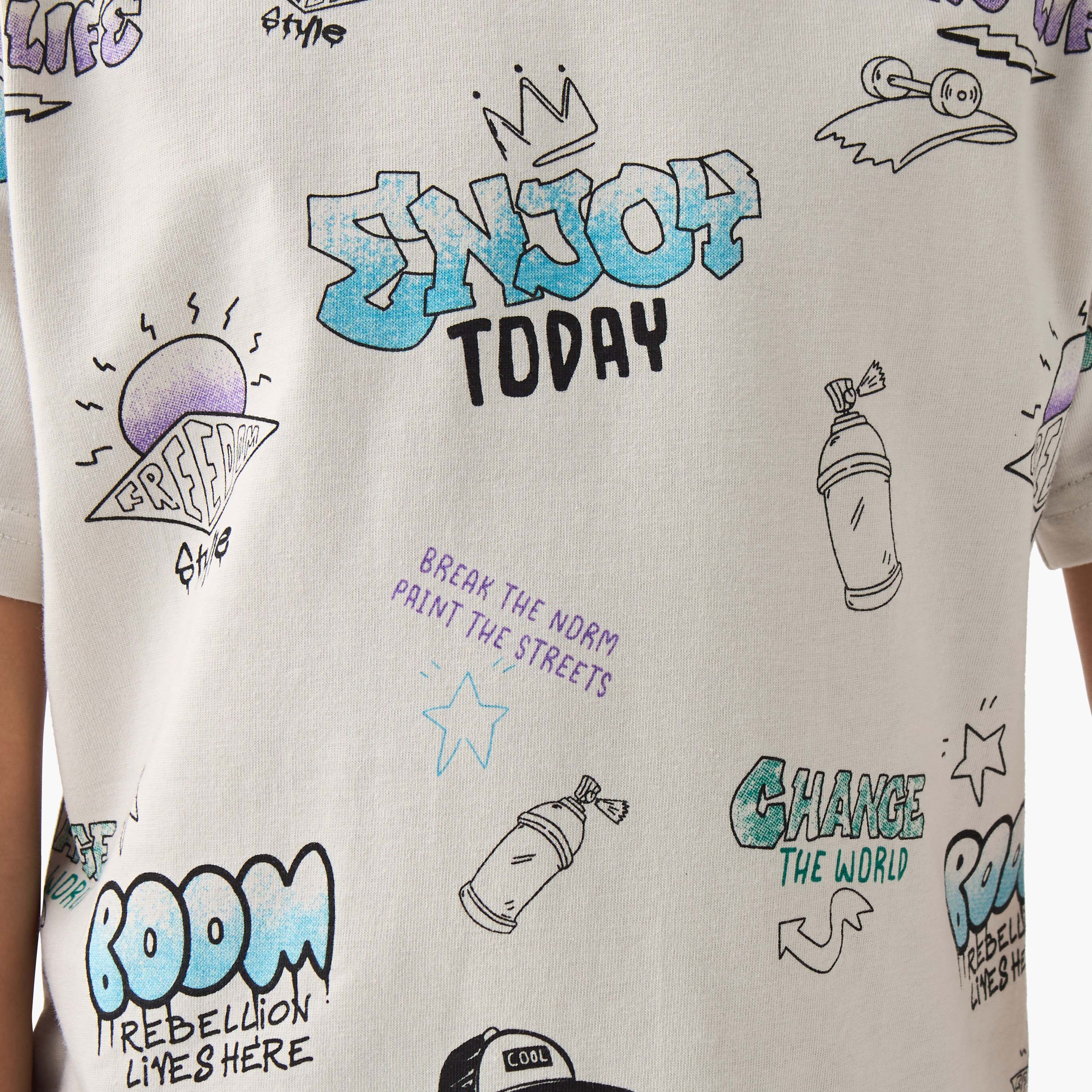 تيشيرت بياقة مستديرة بطبعات جرافيتي - قطن - أكمام قصيرة أولاد من جونيورز-boys-clothing-tshirtsandpolos-image-5