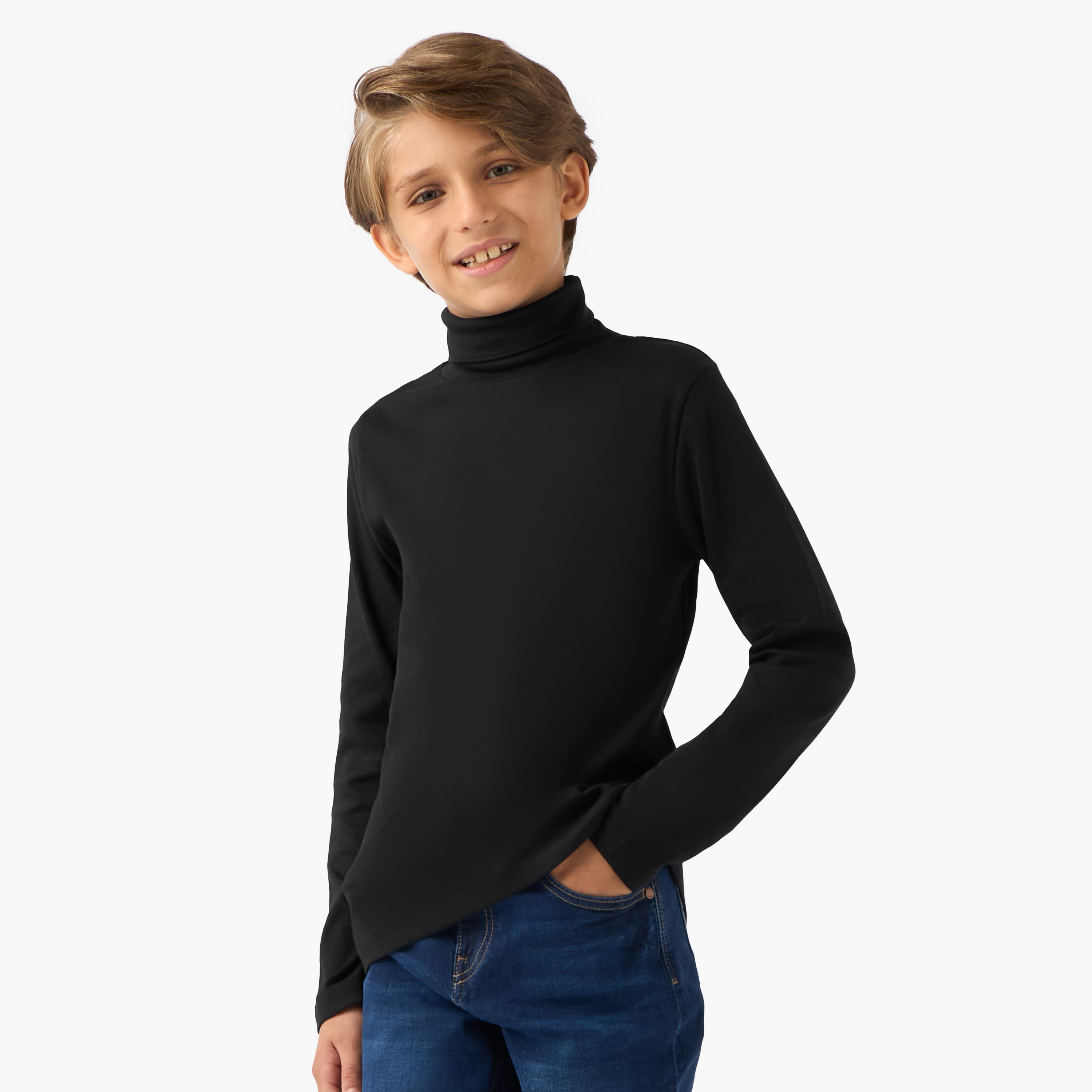 Juniors Solid Turtleneck T-shirt with Long Sleeves-boys-clothing-jumpersandcardigans-image-1