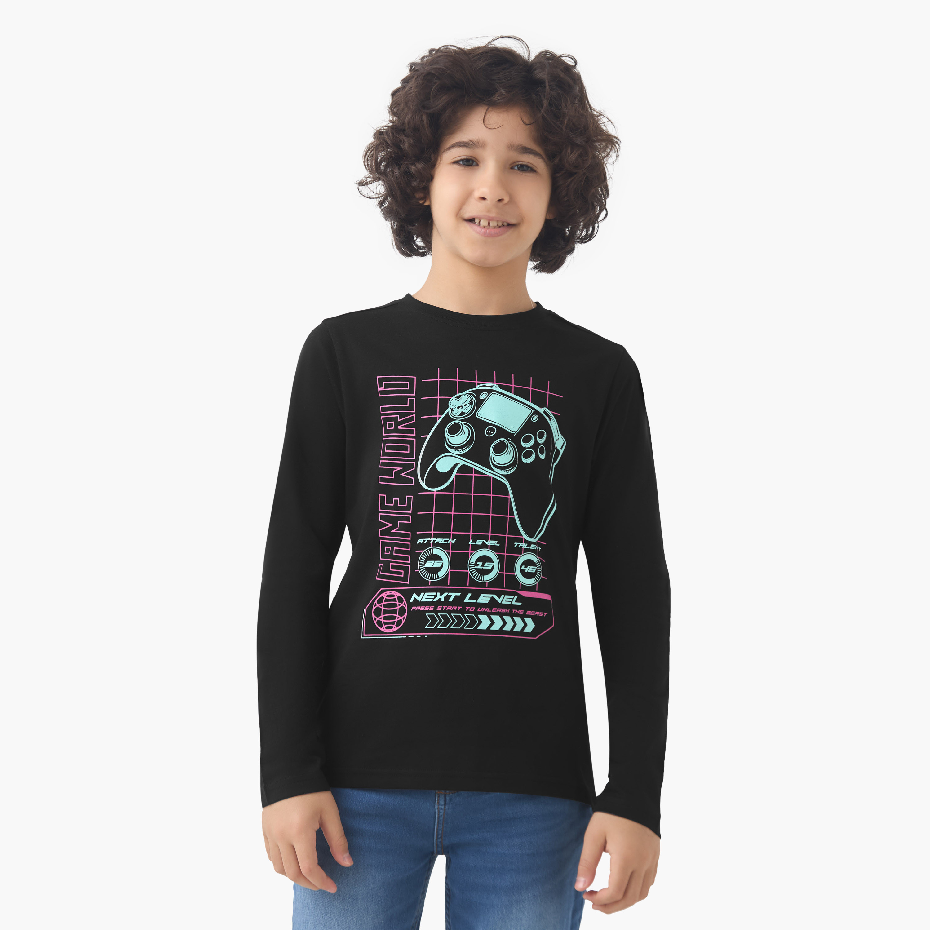 Juniors Boys Crew Neck T-shirt with Gaming Print - Cotton - Long Sleeves-boys-clothing-tshirtsandpolos-image-1