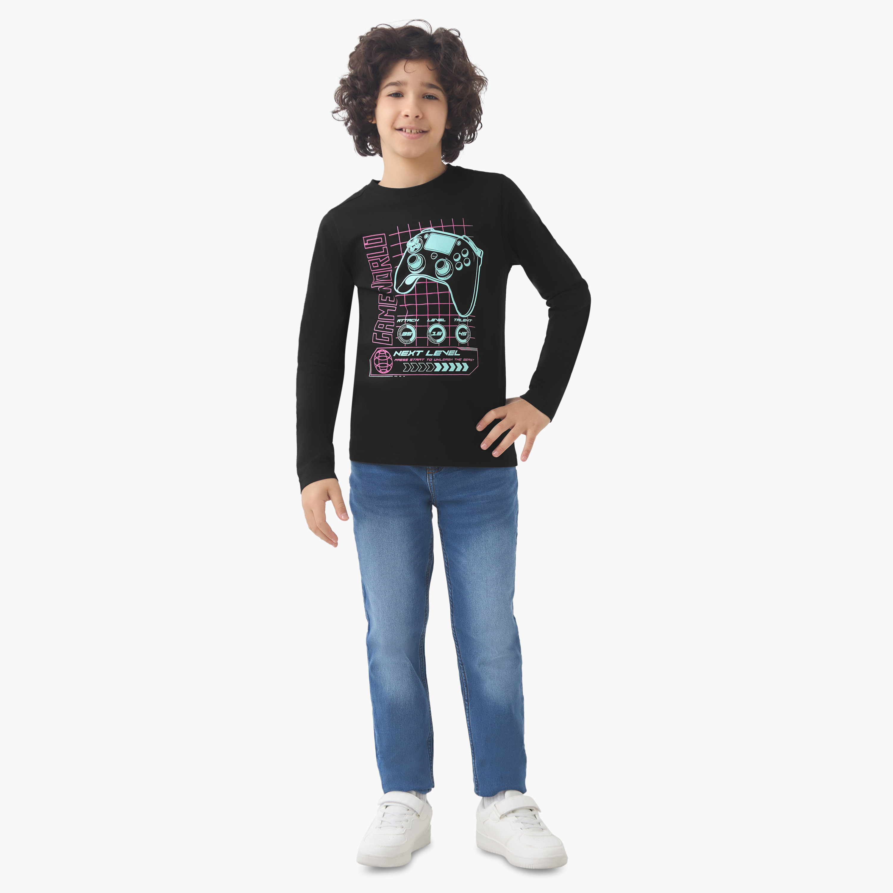 Juniors Boys Crew Neck T-shirt with Gaming Print - Cotton - Long Sleeves-boys-clothing-tshirtsandpolos-image-2