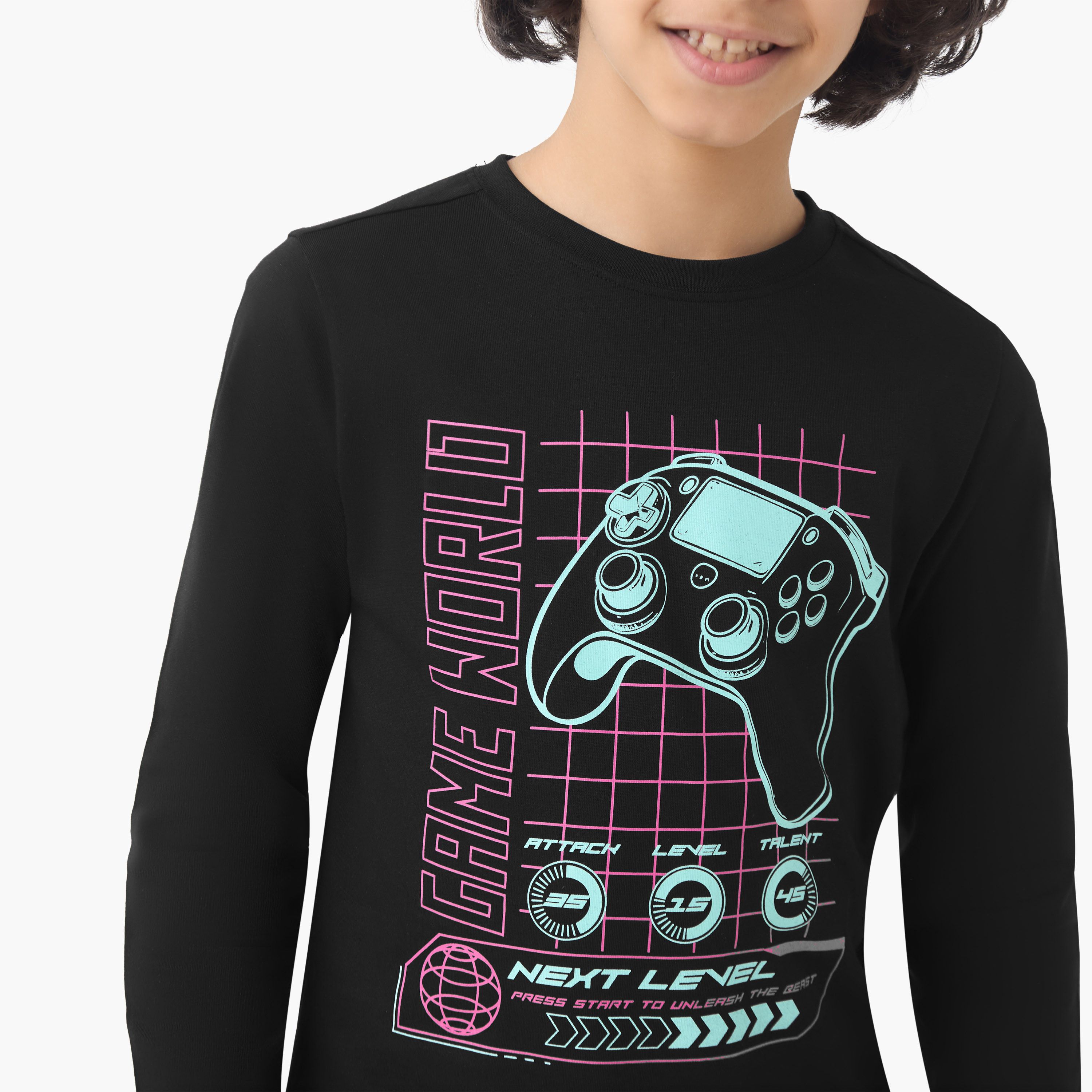Juniors Boys Crew Neck T-shirt with Gaming Print - Cotton - Long Sleeves-boys-clothing-tshirtsandpolos-image-4