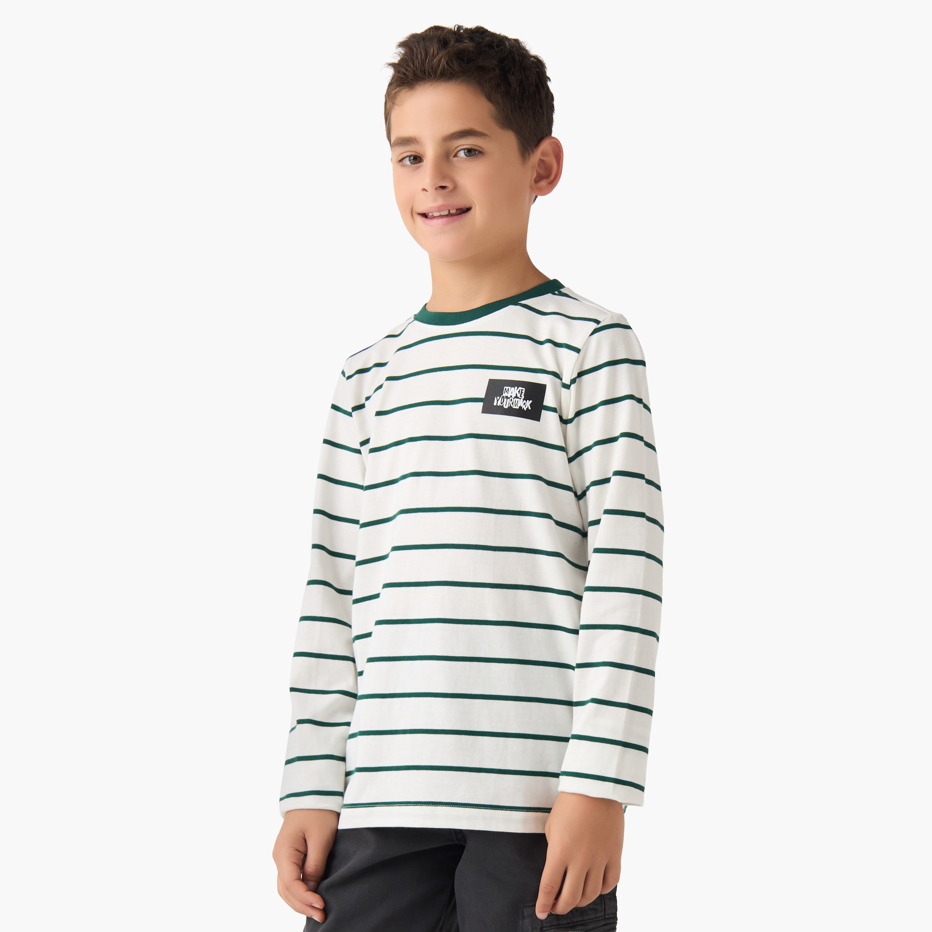 Juniors Boys' Crew Neck T-shirt with Stripes - Cotton - Long Sleeves-boys-clothing-tshirtsandpolos-image-1