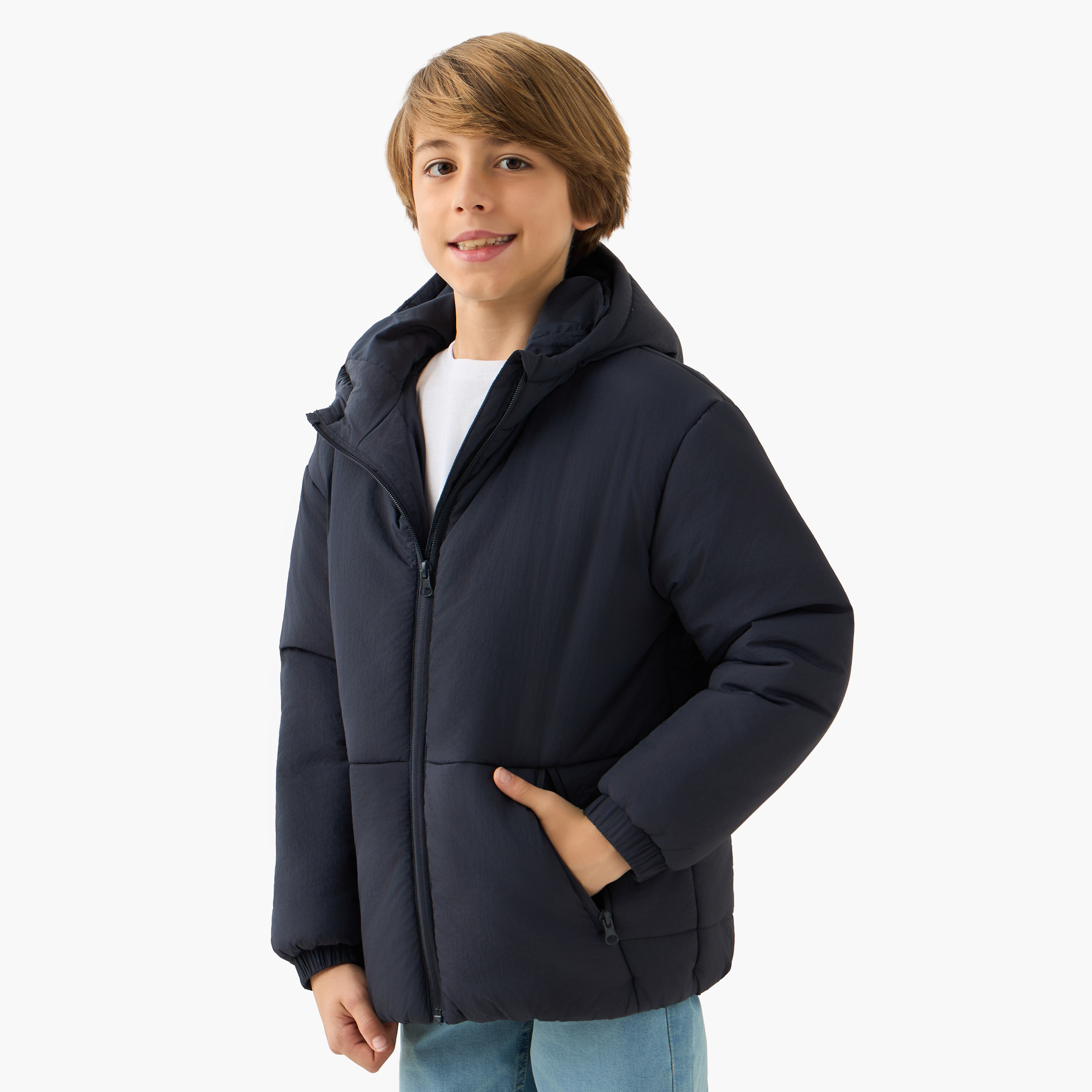 Juniors Solid Padded Hooded Jacket with Zip Closure and Pockets-boys-clothing-jacketsandcoats-image-1