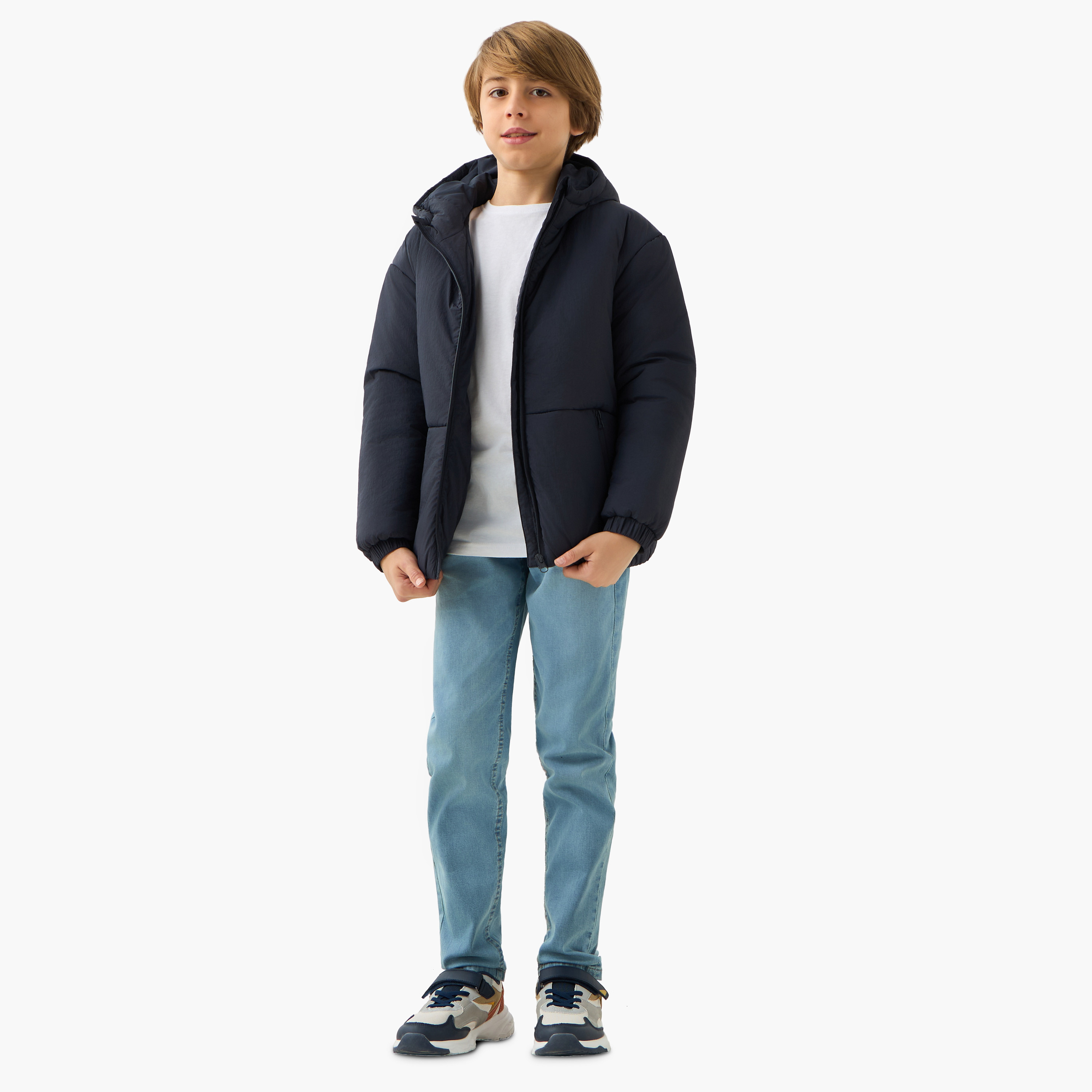 Juniors Solid Padded Hooded Jacket with Zip Closure and Pockets-boys-clothing-jacketsandcoats-image-2