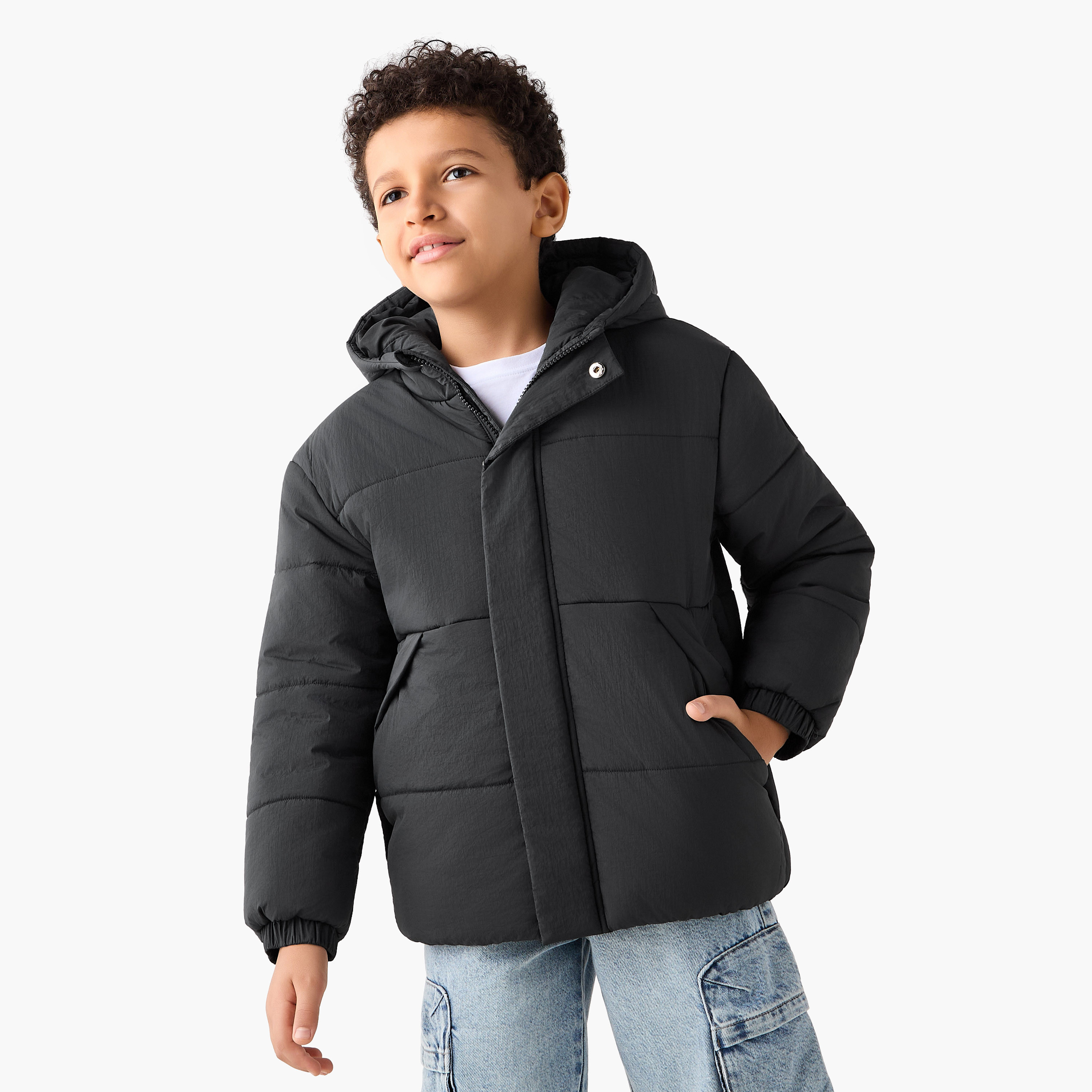 Juniors Solid Hooded Heavy Jacket with Long Sleeves and Pockets-boys-clothing-jacketsandcoats-image-1