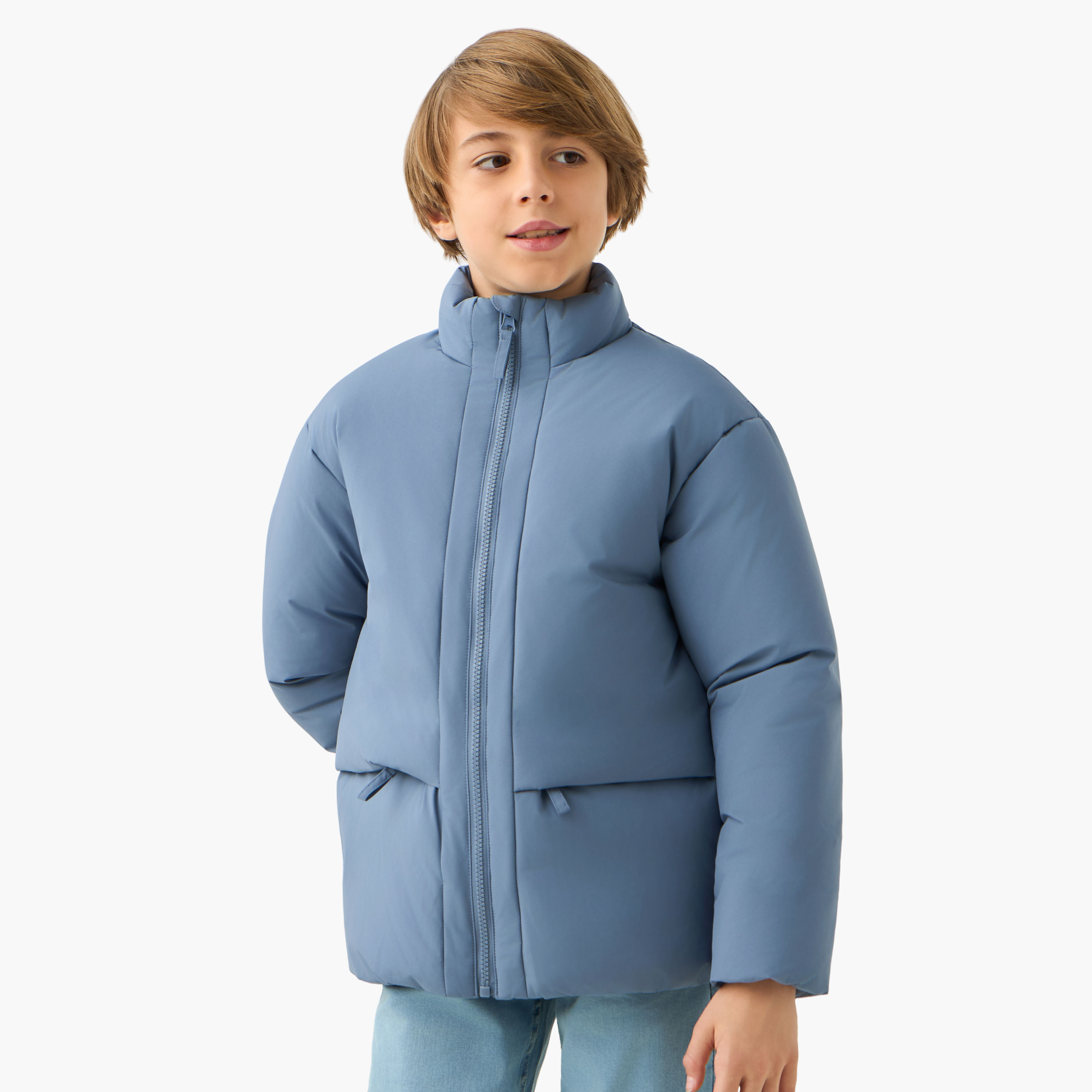 Juniors Solid Puffer Jacket with Zip Closure and Long Sleeves-boys-clothing-jacketsandcoats-image-1