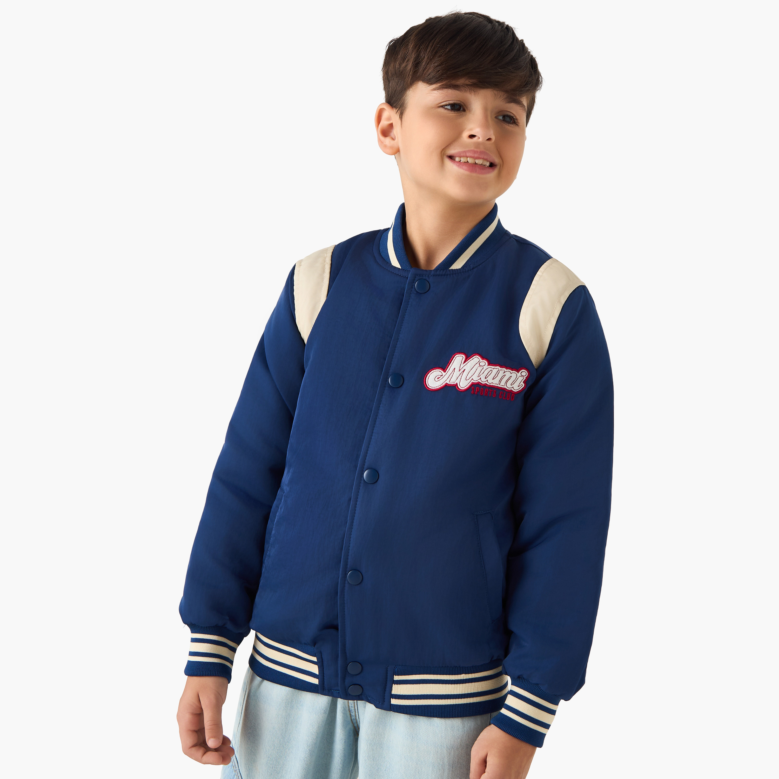Juniors Mandarin Collar Long Sleeves Heavy Jacket with Varsity Print-boys-clothing-jacketsandcoats-image-1