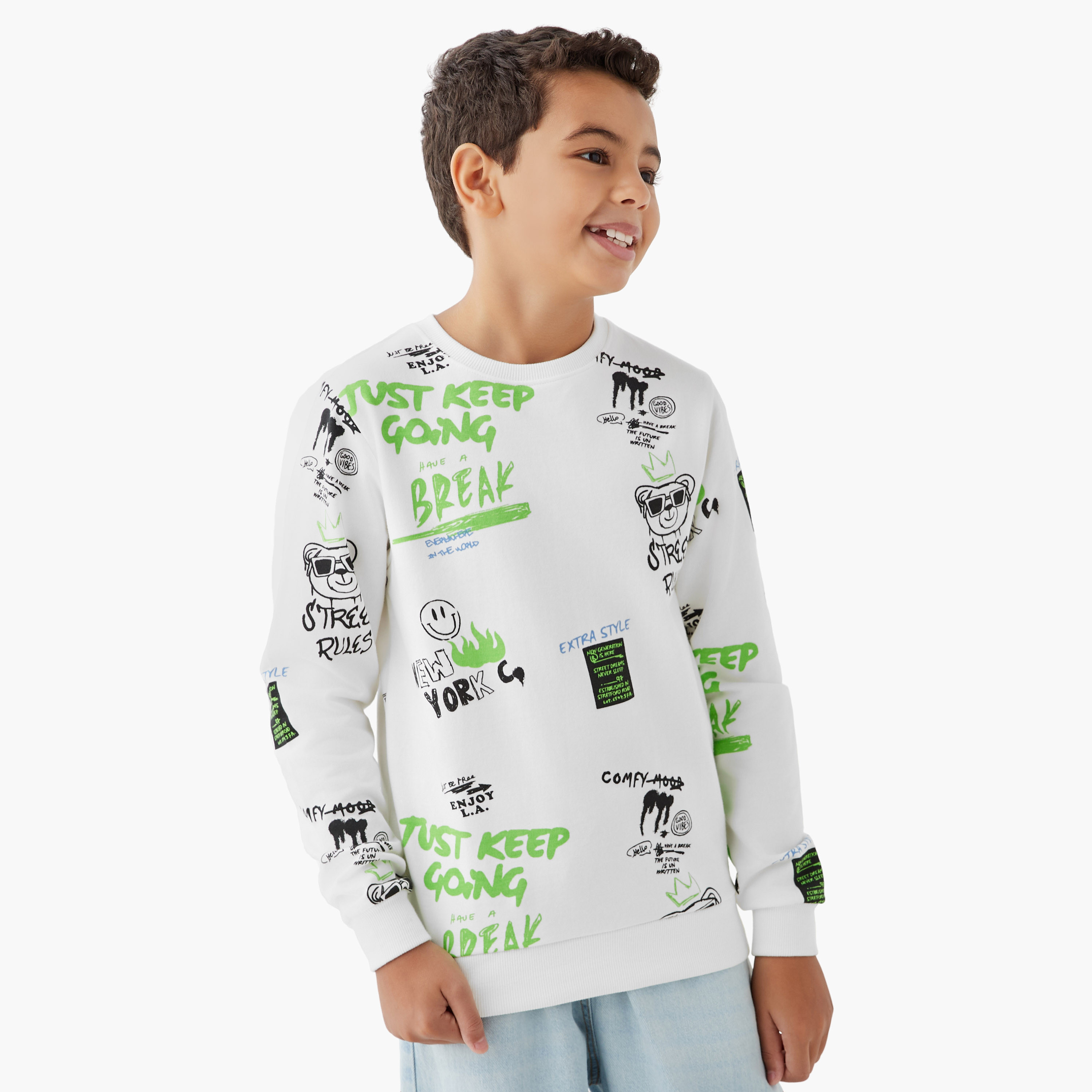 Juniors Graffiti Print Sweatshirt with Long Sleeves-boys-clothing-sweatshirts-image-1