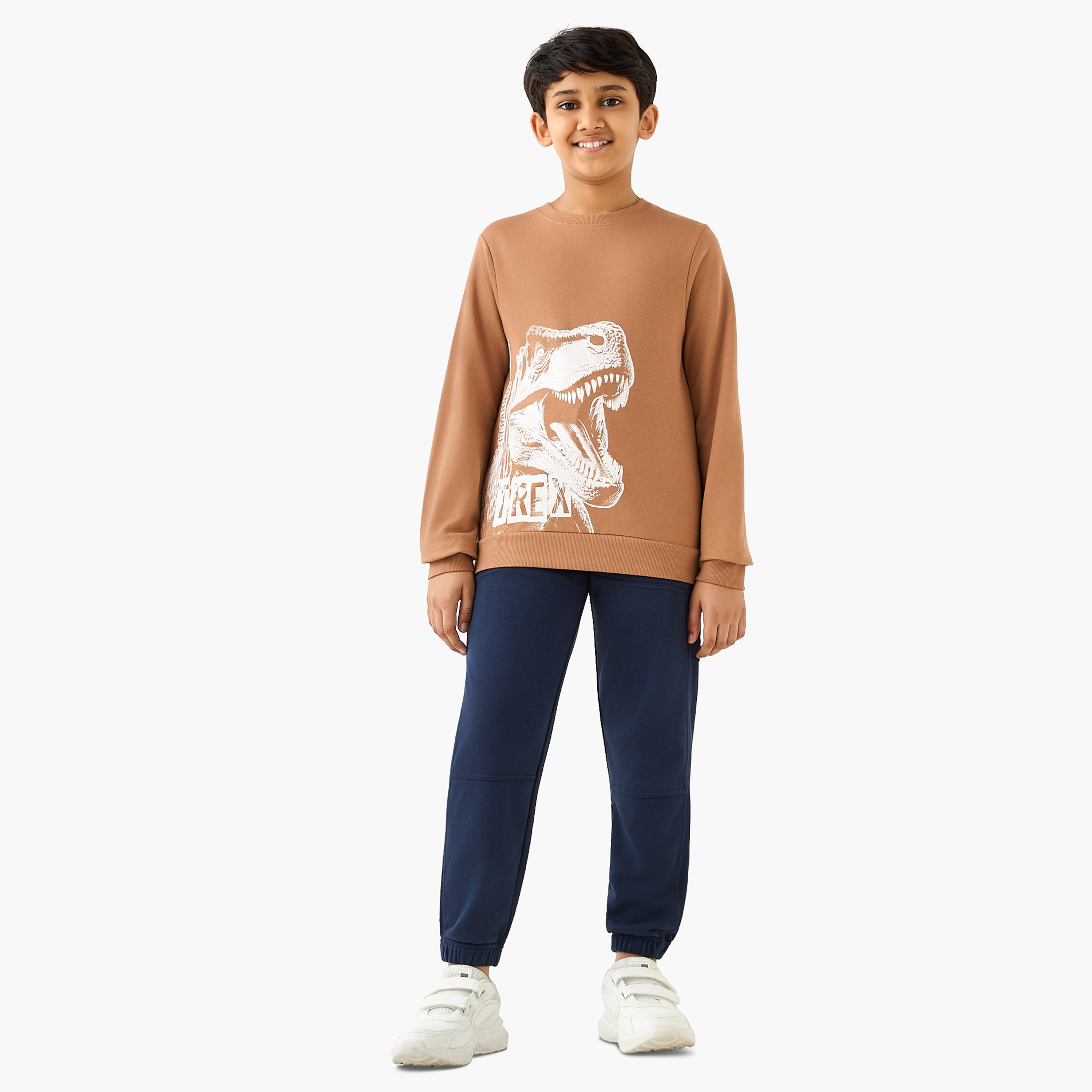 Juniors T-Rex Print Sweatshirt with Long Sleeves-boys-clothing-sweatshirts-image-2