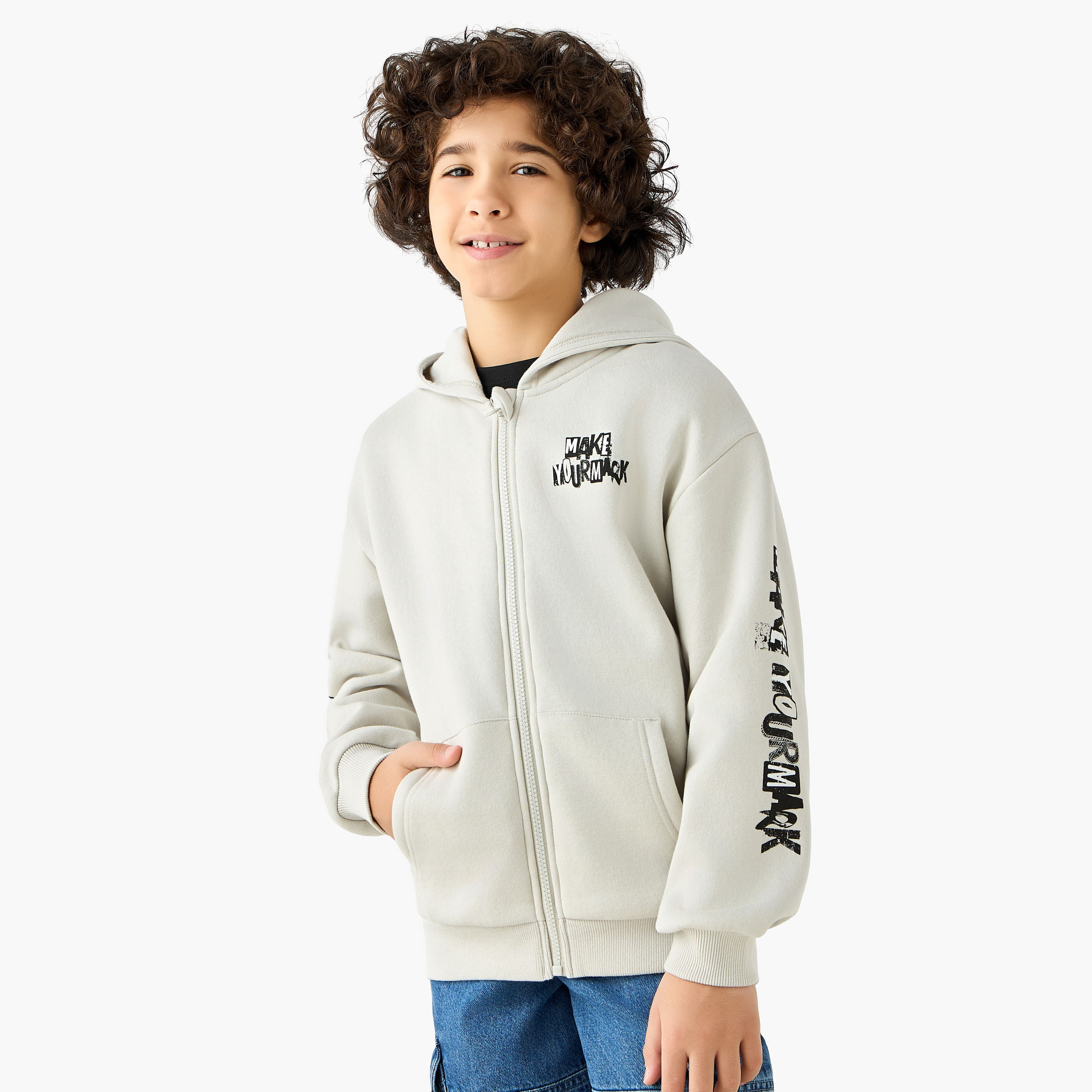 Juniors Slogan Print Hooded Sweatshirt with Long Sleeves-boys-clothing-jacketsandcoats-image-1