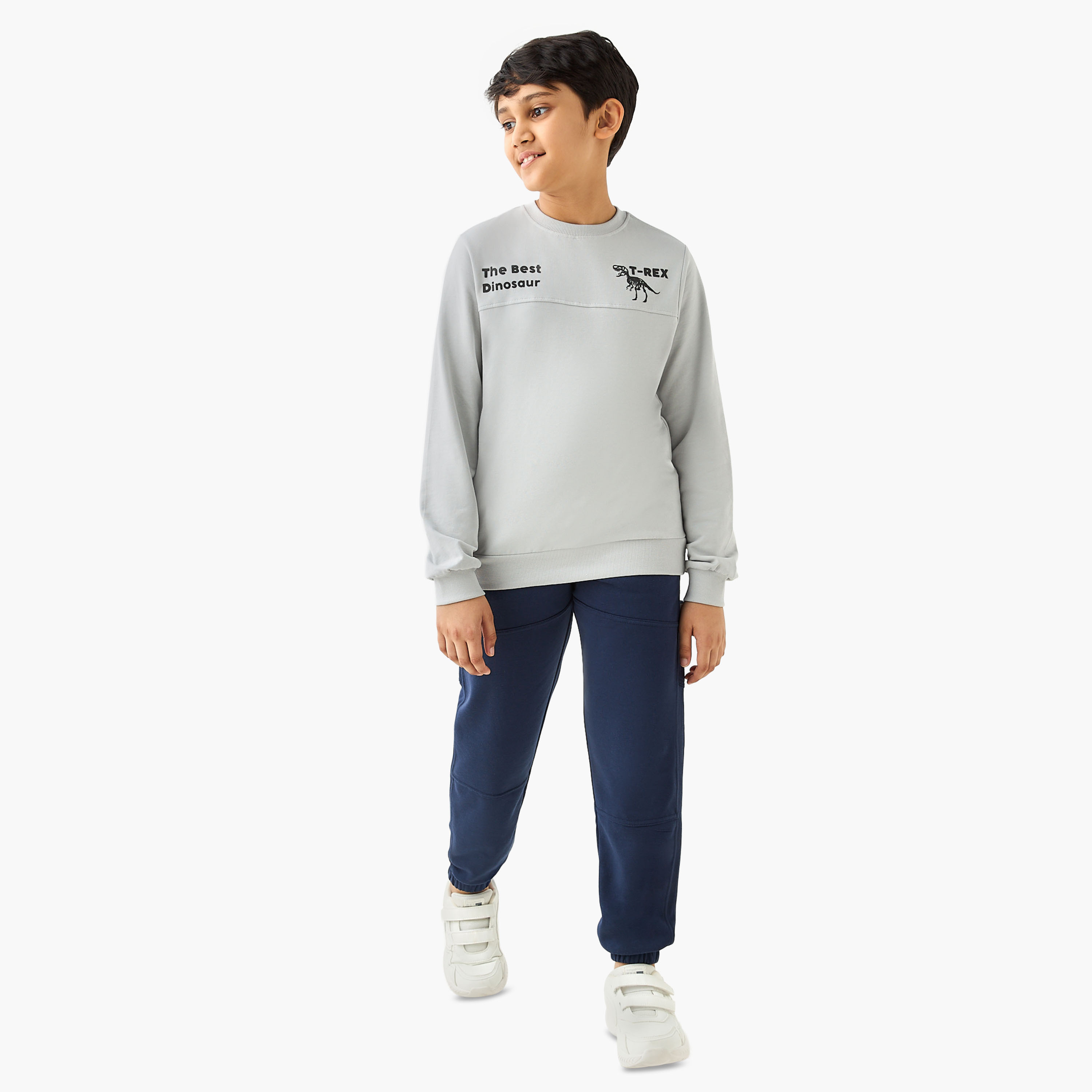 Juniors T-Rex Print Sweatshirt with Long Sleeves-boys-clothing-sweatshirts-image-2
