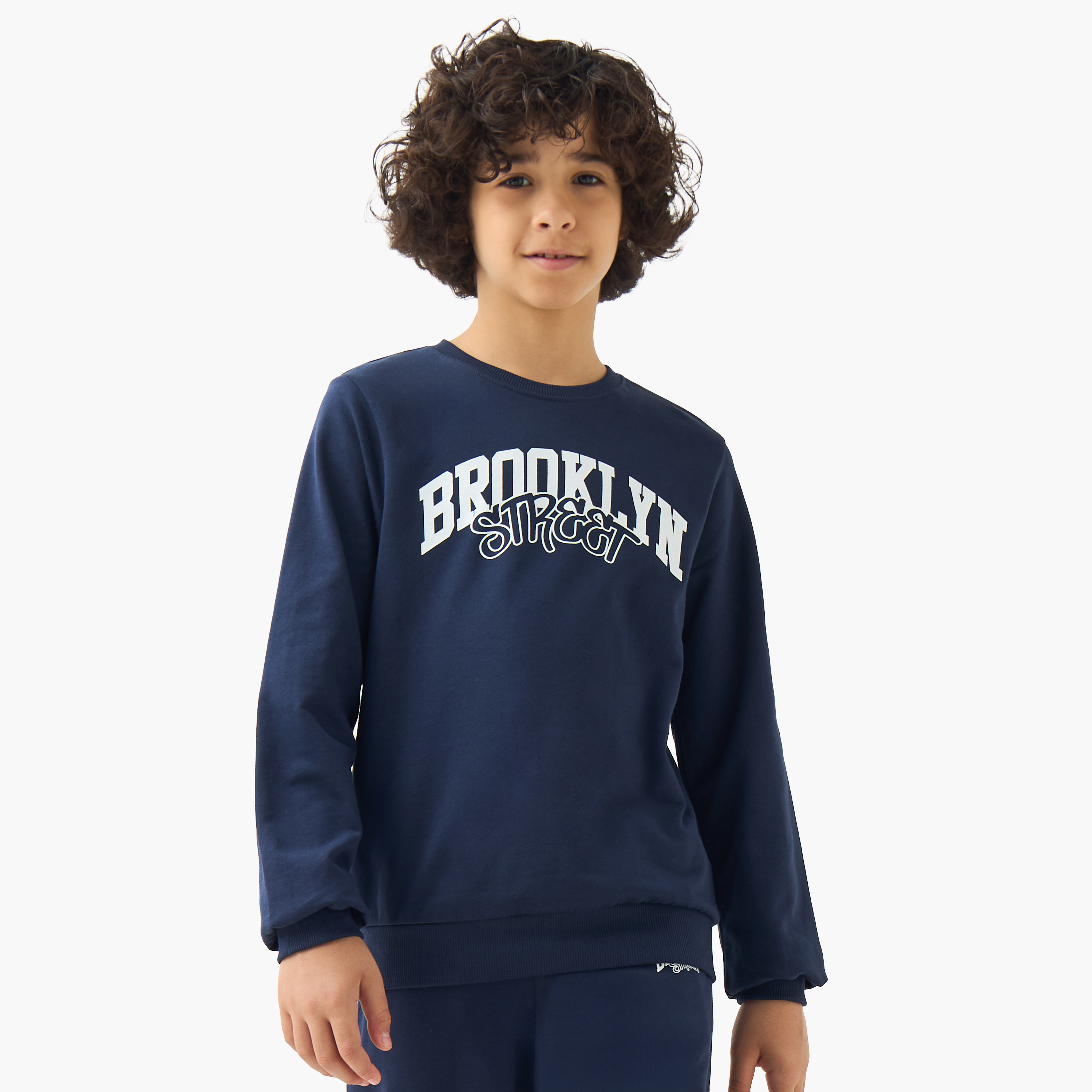 Juniors Boys Crew Neck Sweatshirt with Brooklyn Print - Cotton - Long Sleeves-boys-clothing-winterwear-sweatshirts-image-1