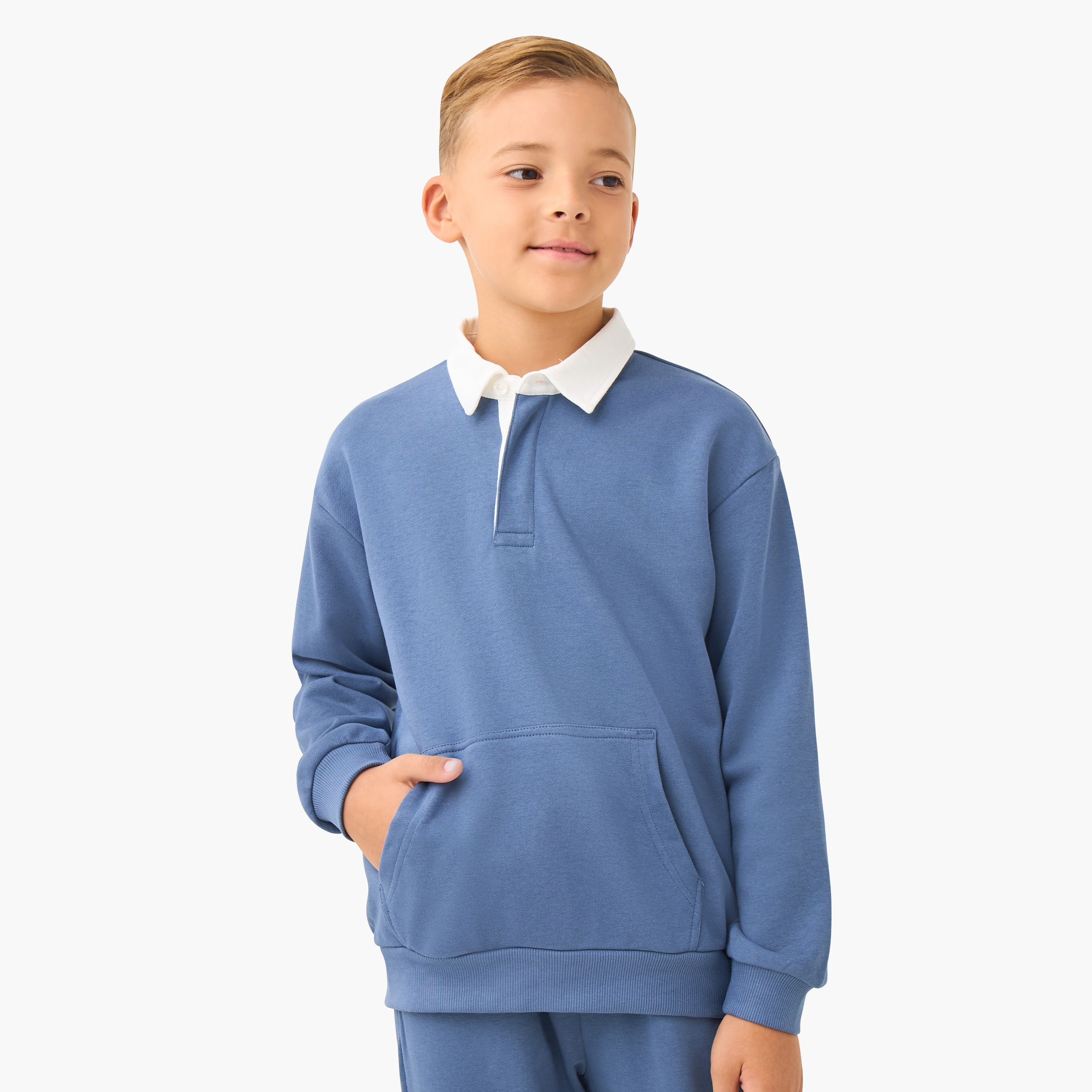 طقم بنطلون رياضي وسويت شيرت قطن بولو بأكمام طويلة وجيوب كنغر للأولاد من جونيورز-boys-clothing-setsandcoords-image-2