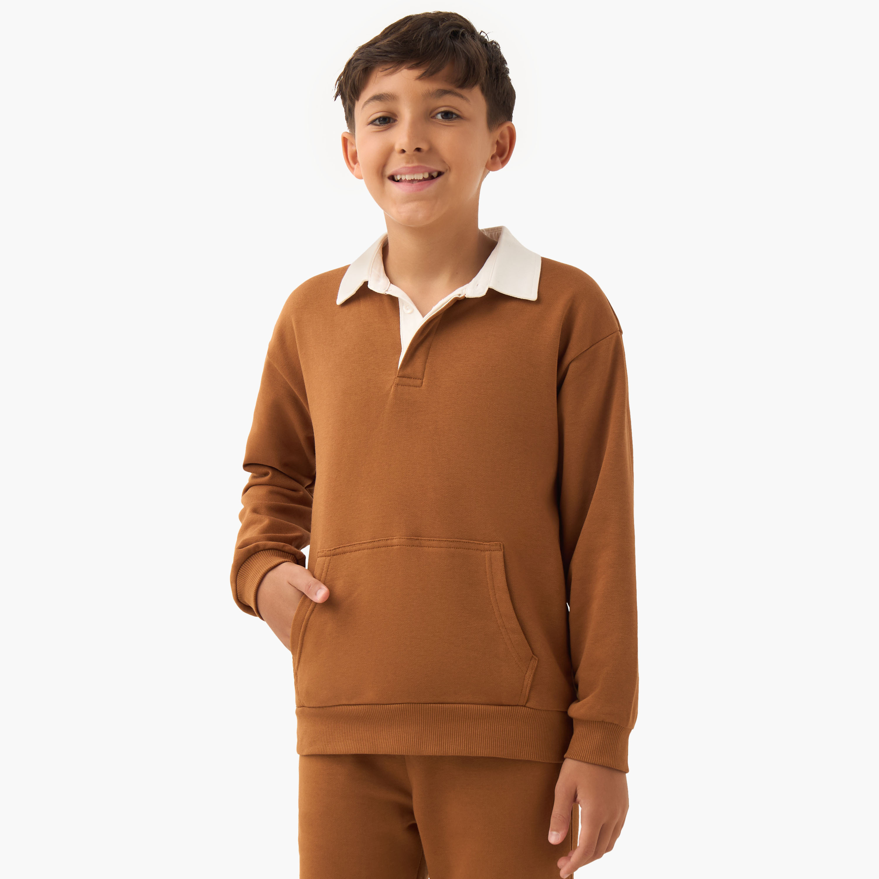 Juniors Boys' Sweatshirt and Joggers Set with Kangaroo Pocket - Cotton - Long Sleeves - Collar-boys-clothing-setsandcoords-image-2