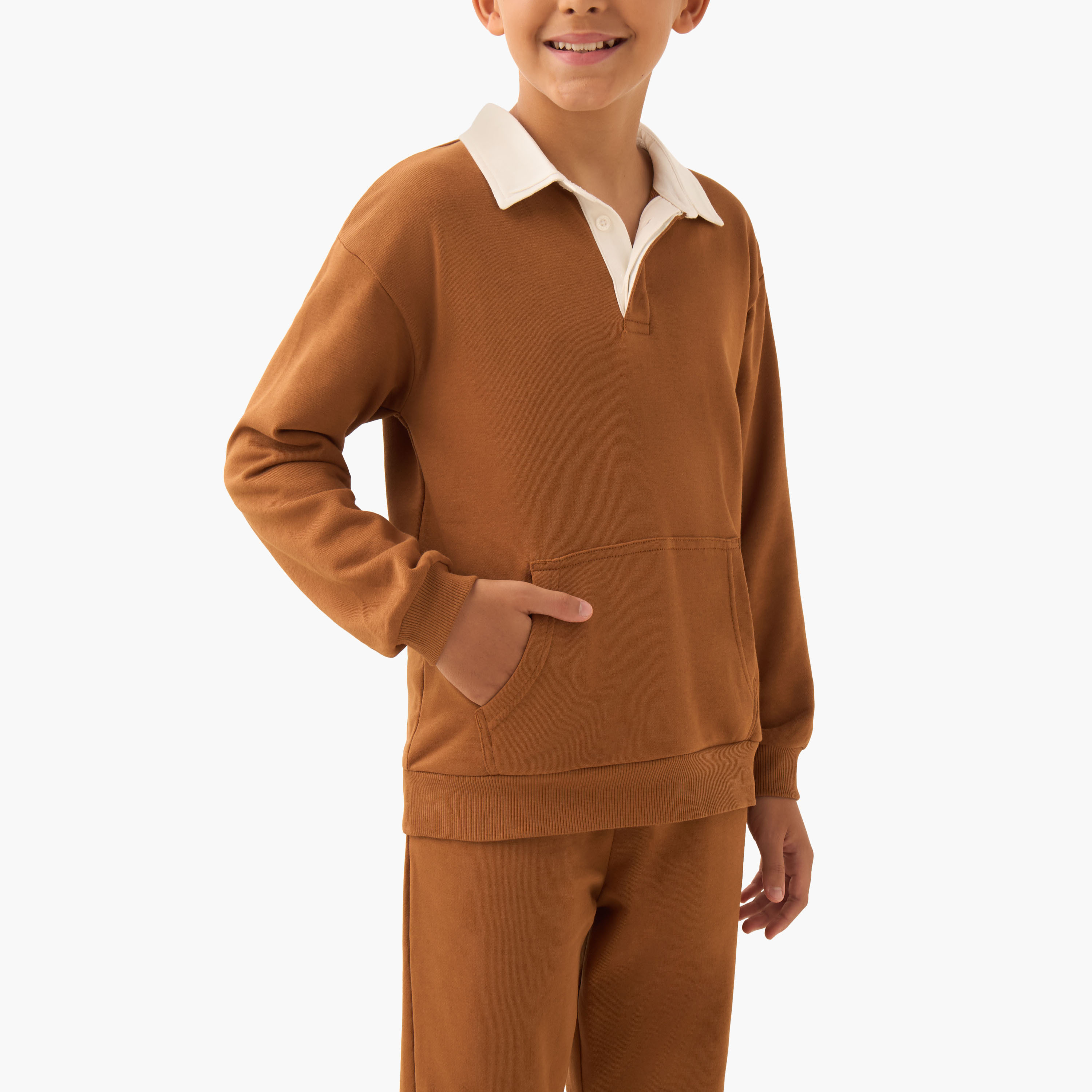 Juniors Boys' Sweatshirt and Joggers Set with Kangaroo Pocket - Cotton - Long Sleeves - Collar-boys-clothing-setsandcoords-image-5