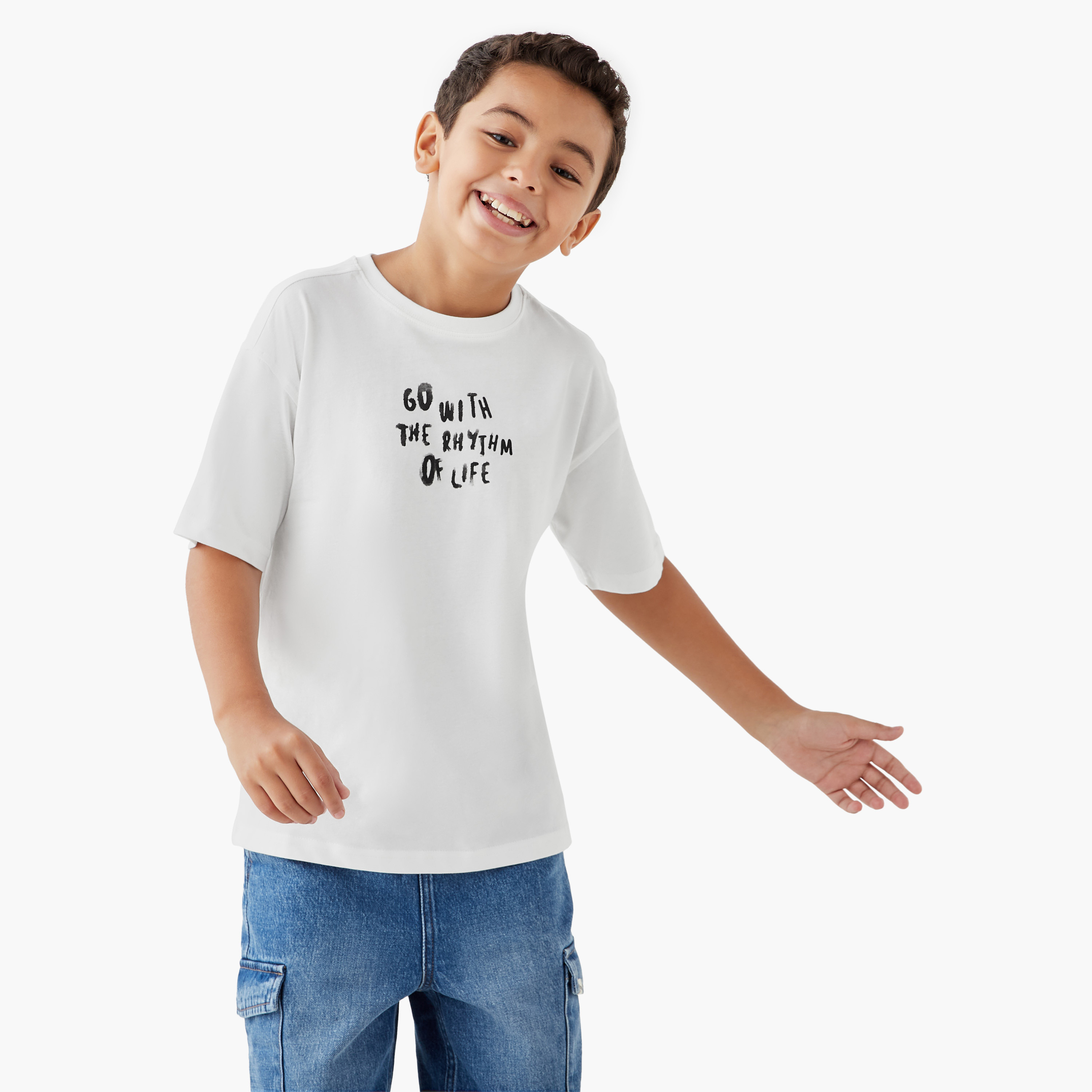 Juniors Slogan Print T-shirt with Short Sleeves-boys-clothing-tshirtsandpolos-image-3