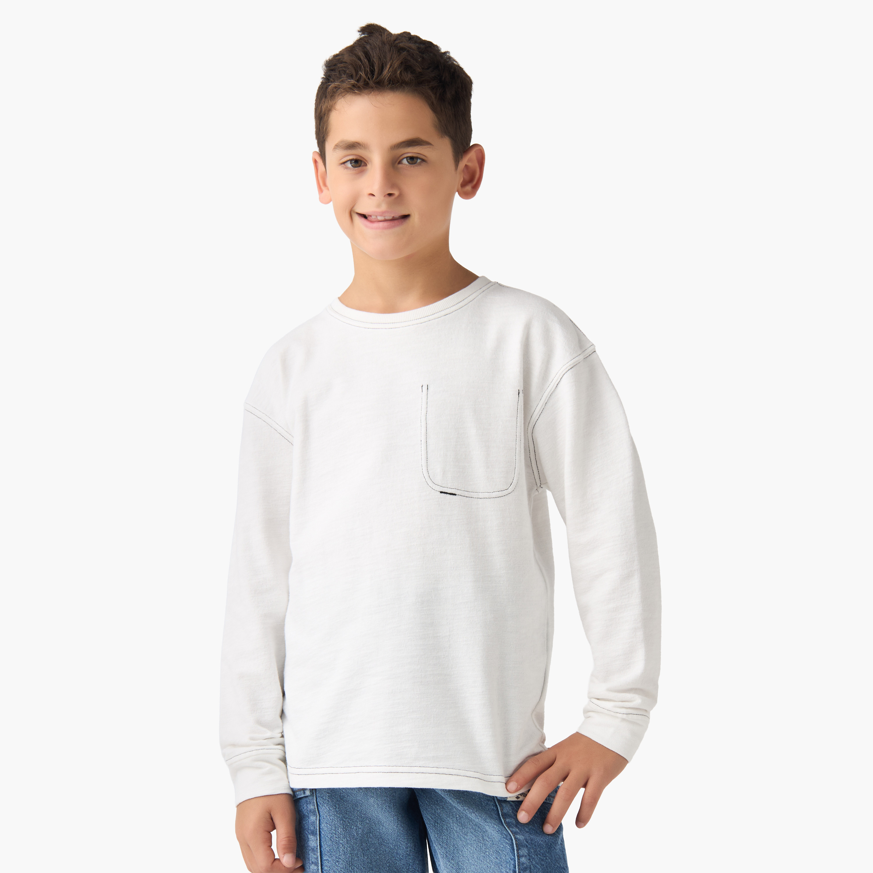 Juniors Boys' Crew Neck T-shirt with Embroidery - Cotton - Long Sleeves-boys-clothing-tshirtsandpolos-image-1