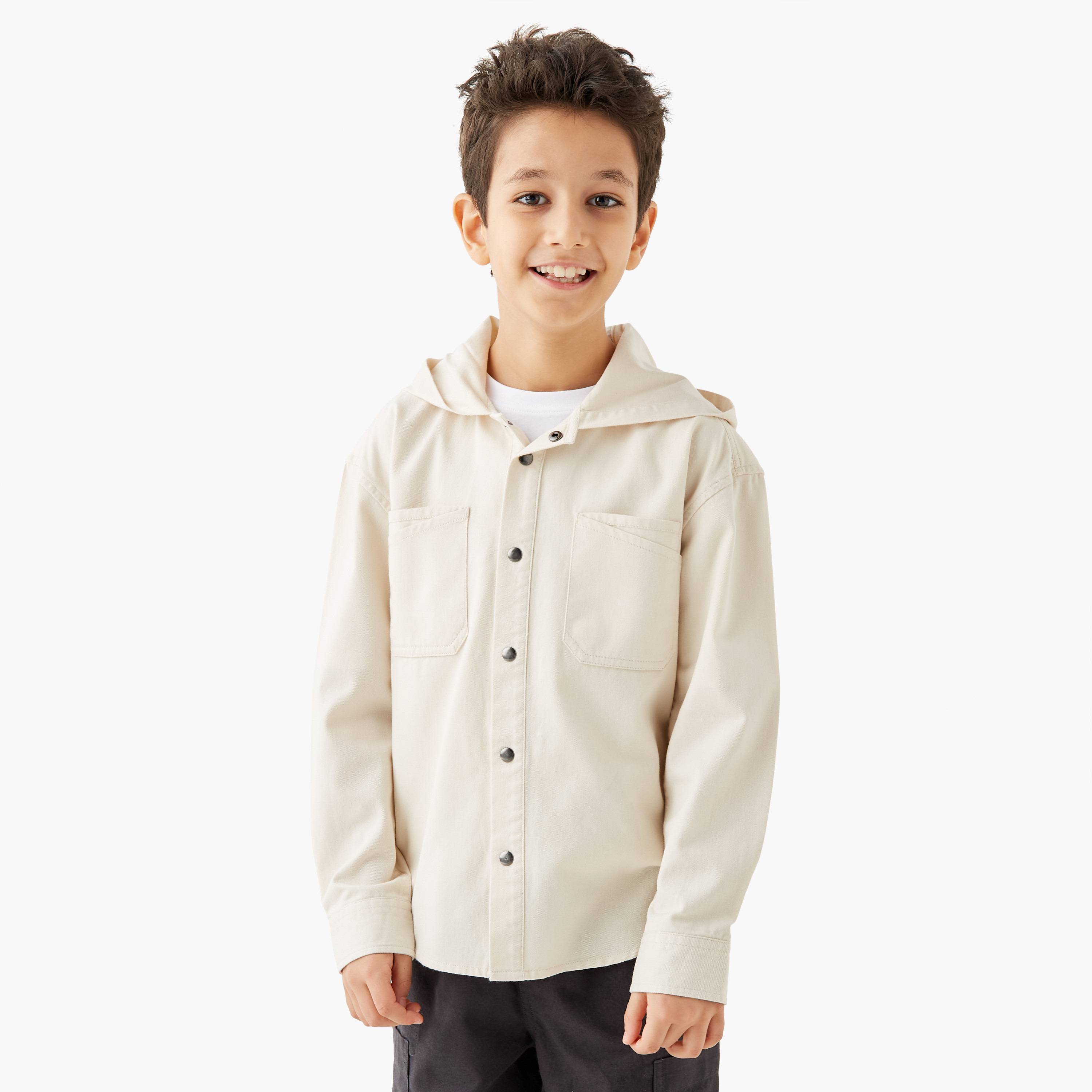 Juniors Solid Hooded Shirt with Pockets-boys-clothing-shirts-image-1