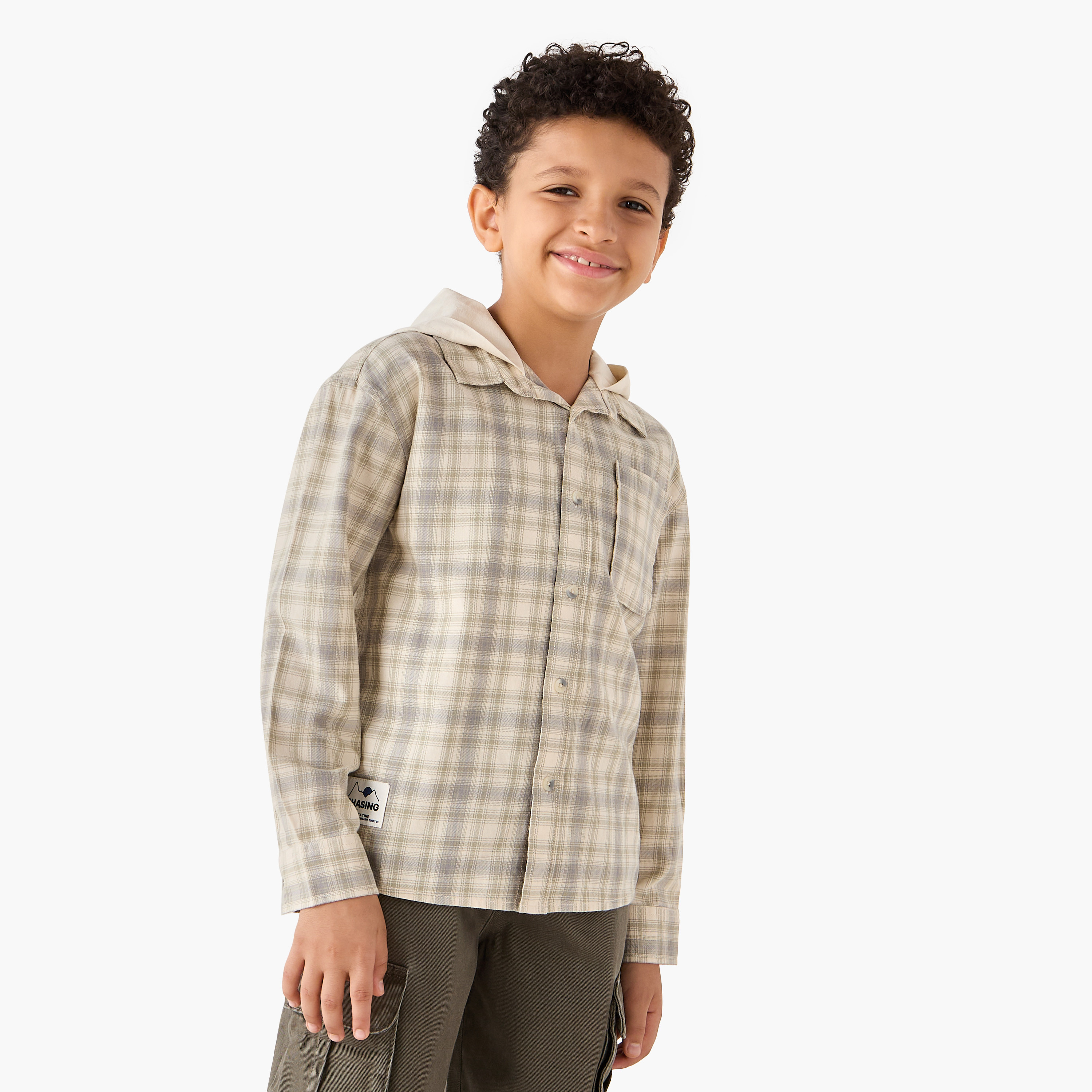 Juniors Checked Button Through Hooded Shirt with Long Sleeves-boys-clothing-shirts-image-1