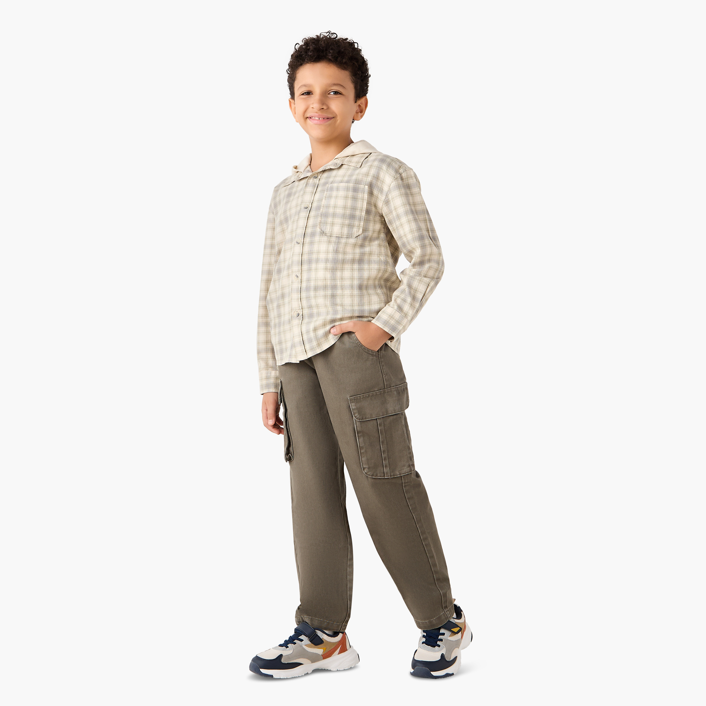 Juniors Checked Button Through Hooded Shirt with Long Sleeves-boys-clothing-shirts-image-2