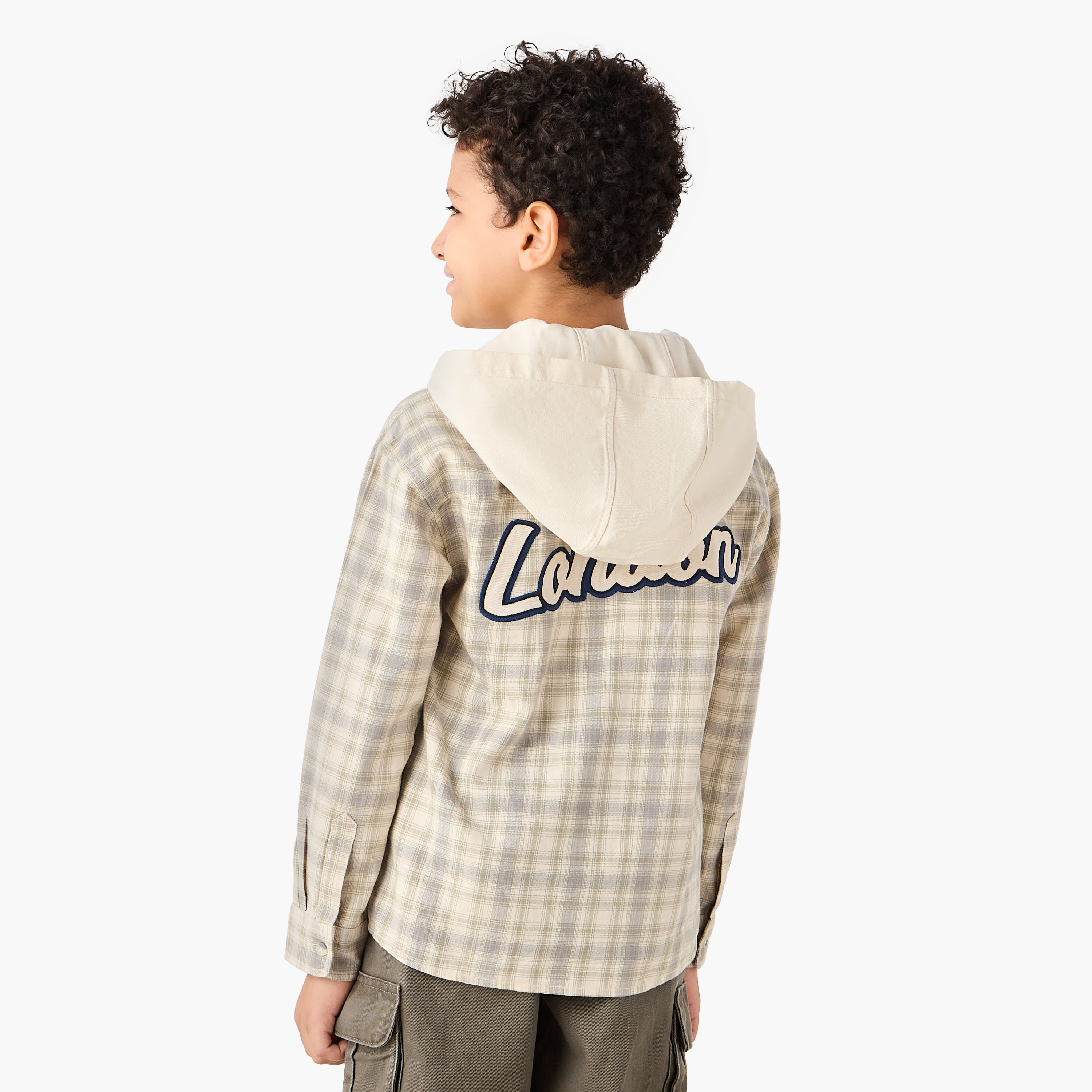 Juniors Checked Button Through Hooded Shirt with Long Sleeves-boys-clothing-shirts-image-3