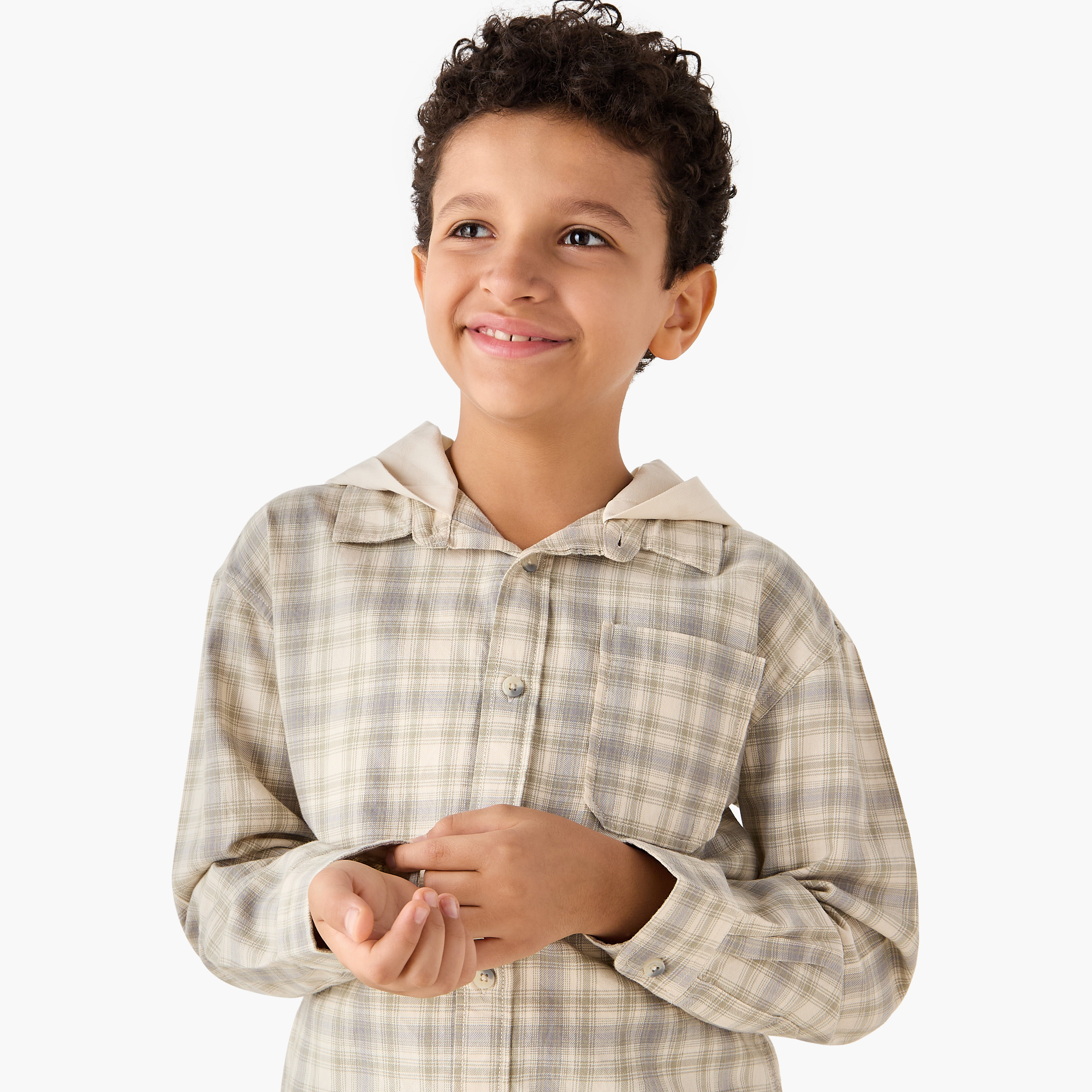 Juniors Checked Button Through Hooded Shirt with Long Sleeves-boys-clothing-shirts-image-4