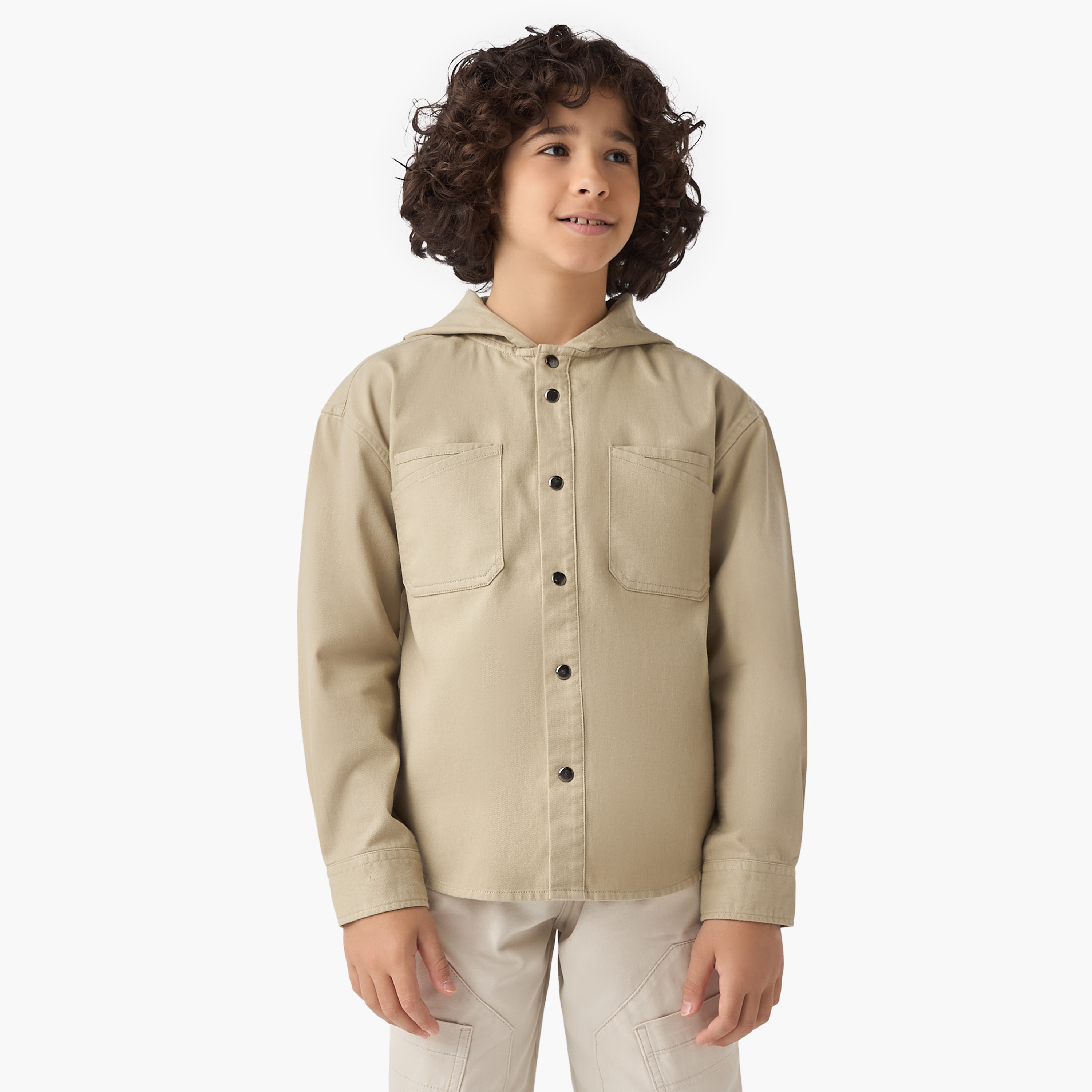 Juniors Solid Hooded Shirt with Pockets-boys-clothing-shirts-image-1