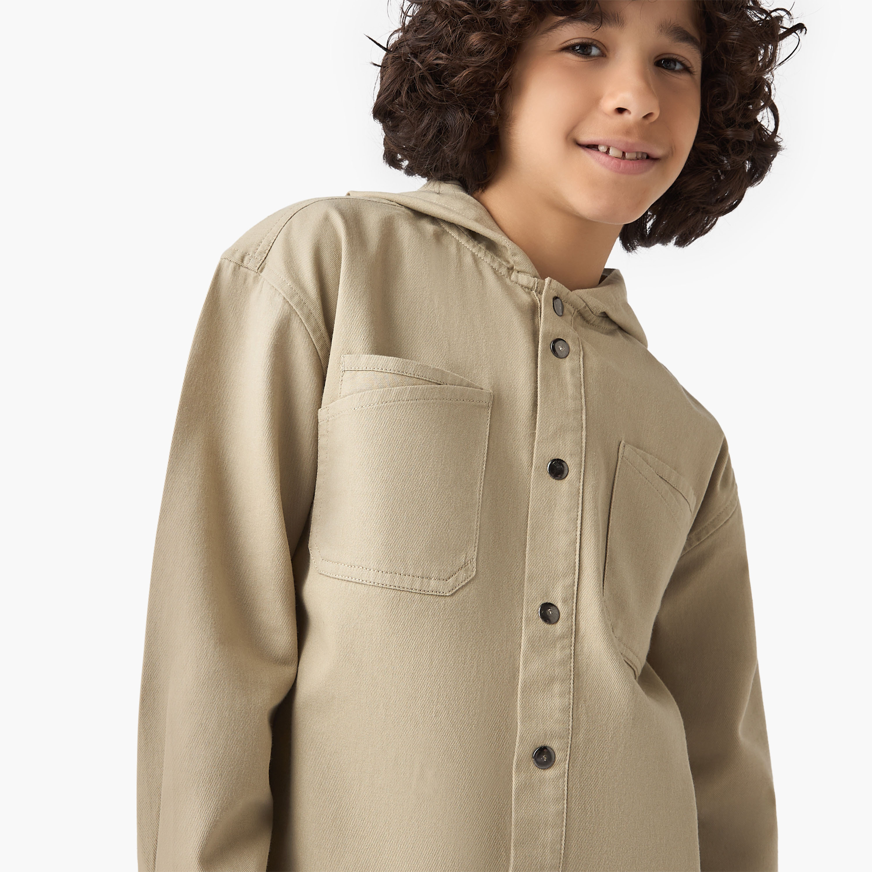 Juniors Solid Hooded Shirt with Pockets-boys-clothing-shirts-image-4