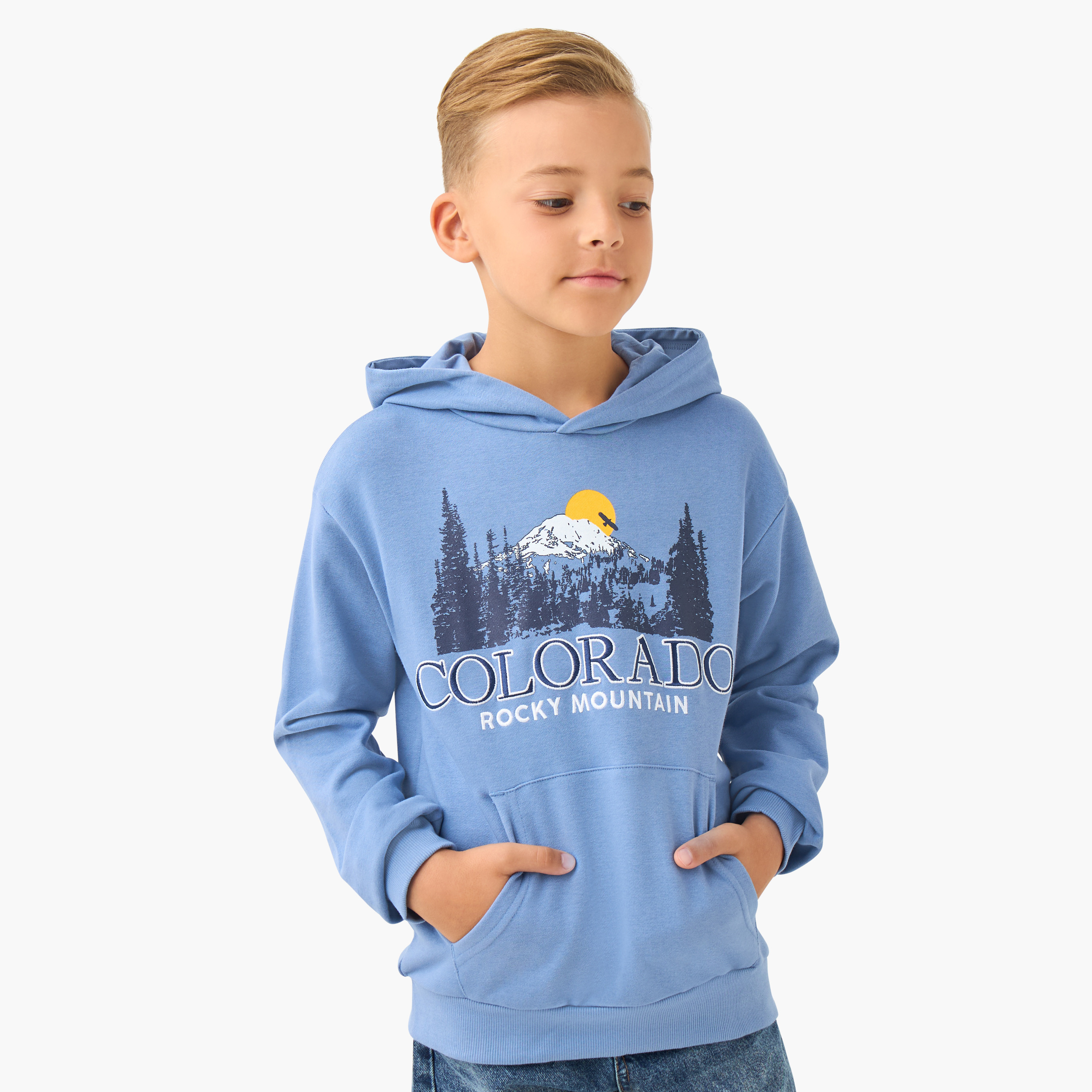 Juniors Boys Hooded Neck Sweatshirt with Colorado Print - Cotton - Long Sleeves-boys-clothing-winterwear-sweatshirts-image-1