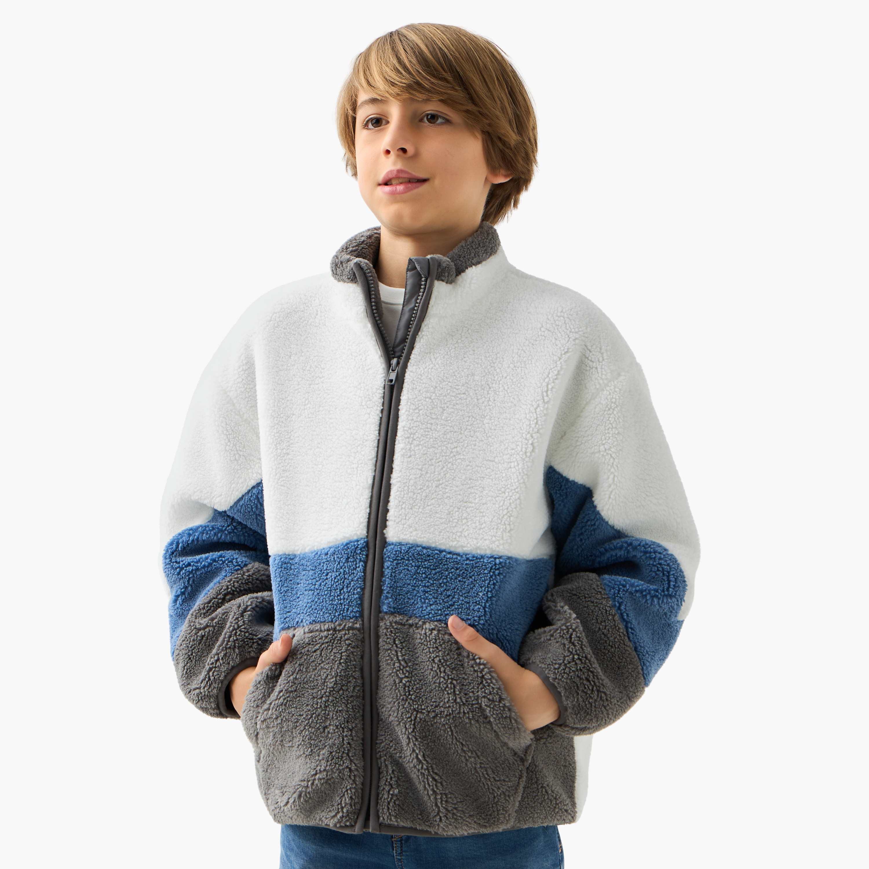 Juniors Panelled Zip Through Jacket with Kangaroo Pocket and Long Sleeves-boys-clothing-jacketsandcoats-image-1