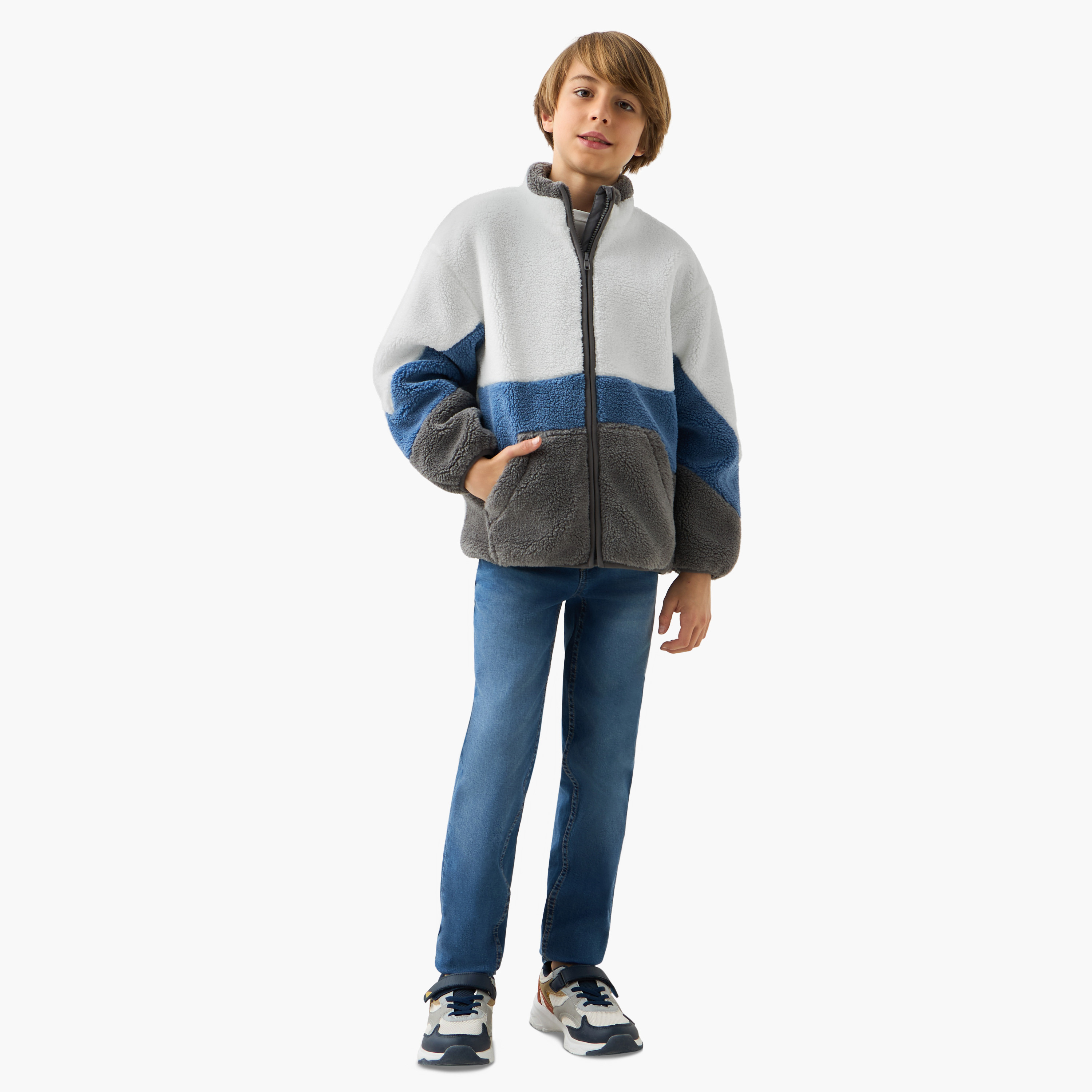 Juniors Panelled Zip Through Jacket with Kangaroo Pocket and Long Sleeves-boys-clothing-jacketsandcoats-image-2