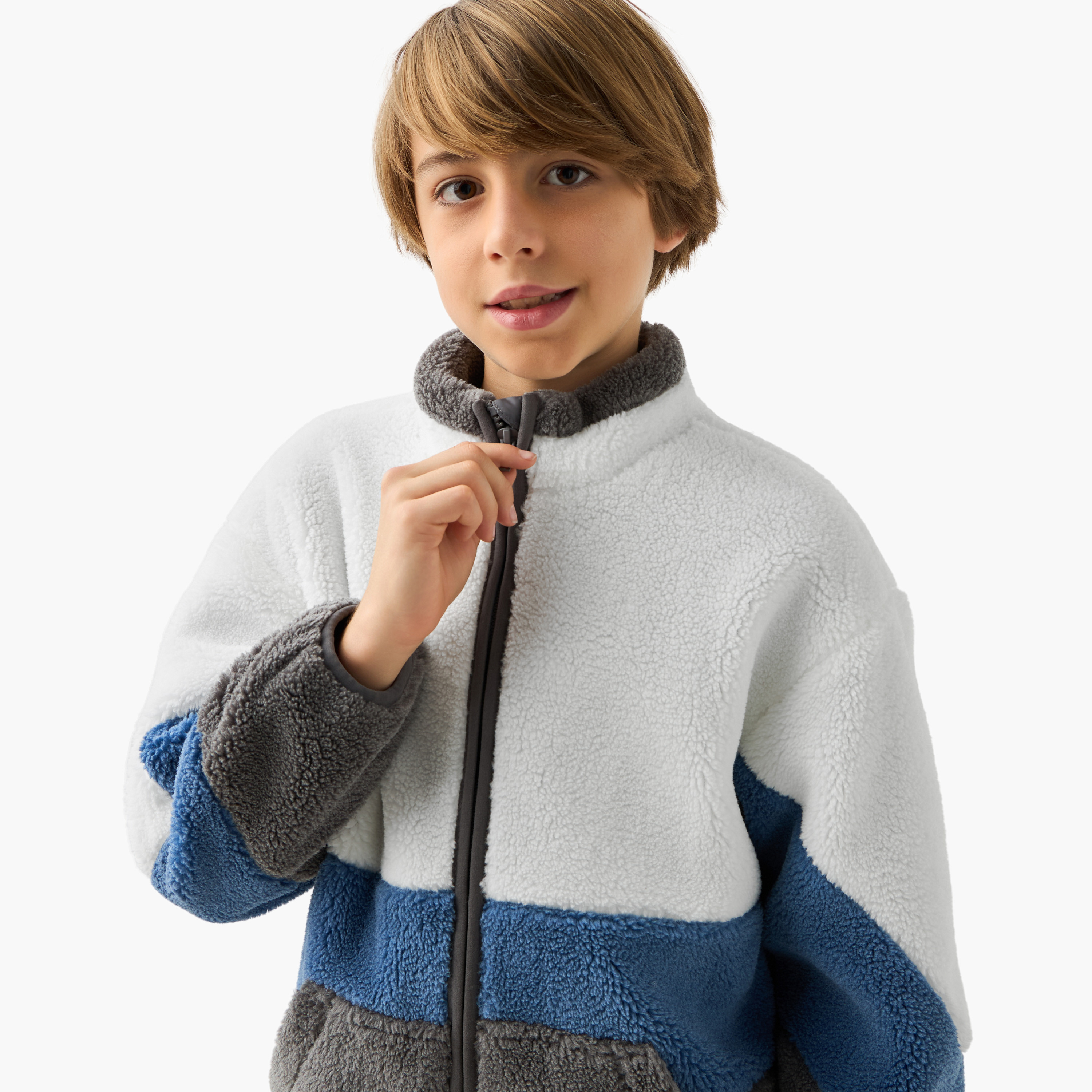Juniors Panelled Zip Through Jacket with Kangaroo Pocket and Long Sleeves-boys-clothing-jacketsandcoats-image-4