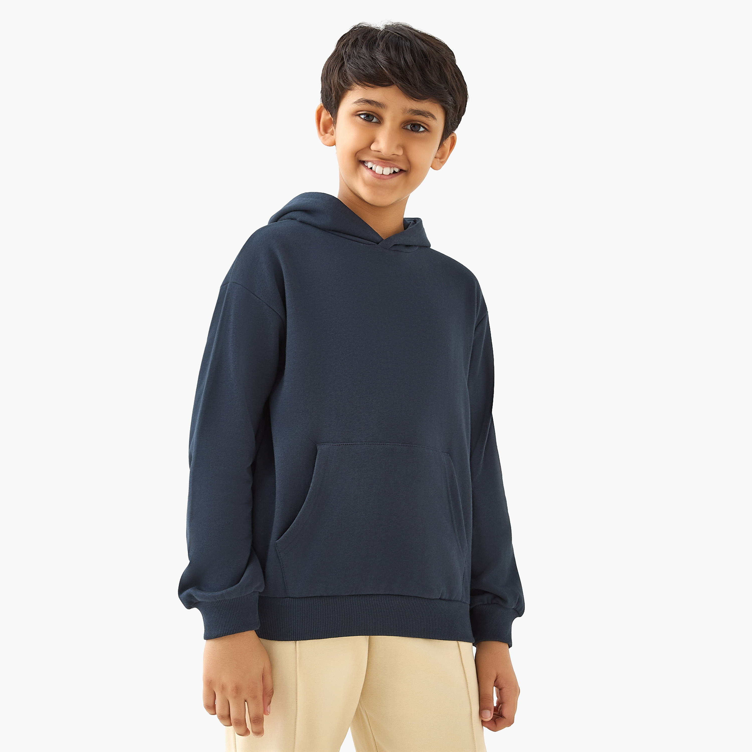Juniors Solid Hooded Sweatshirt with Long Sleeves and Kangaroo Pockets-boys-clothing-sweatshirts-image-1