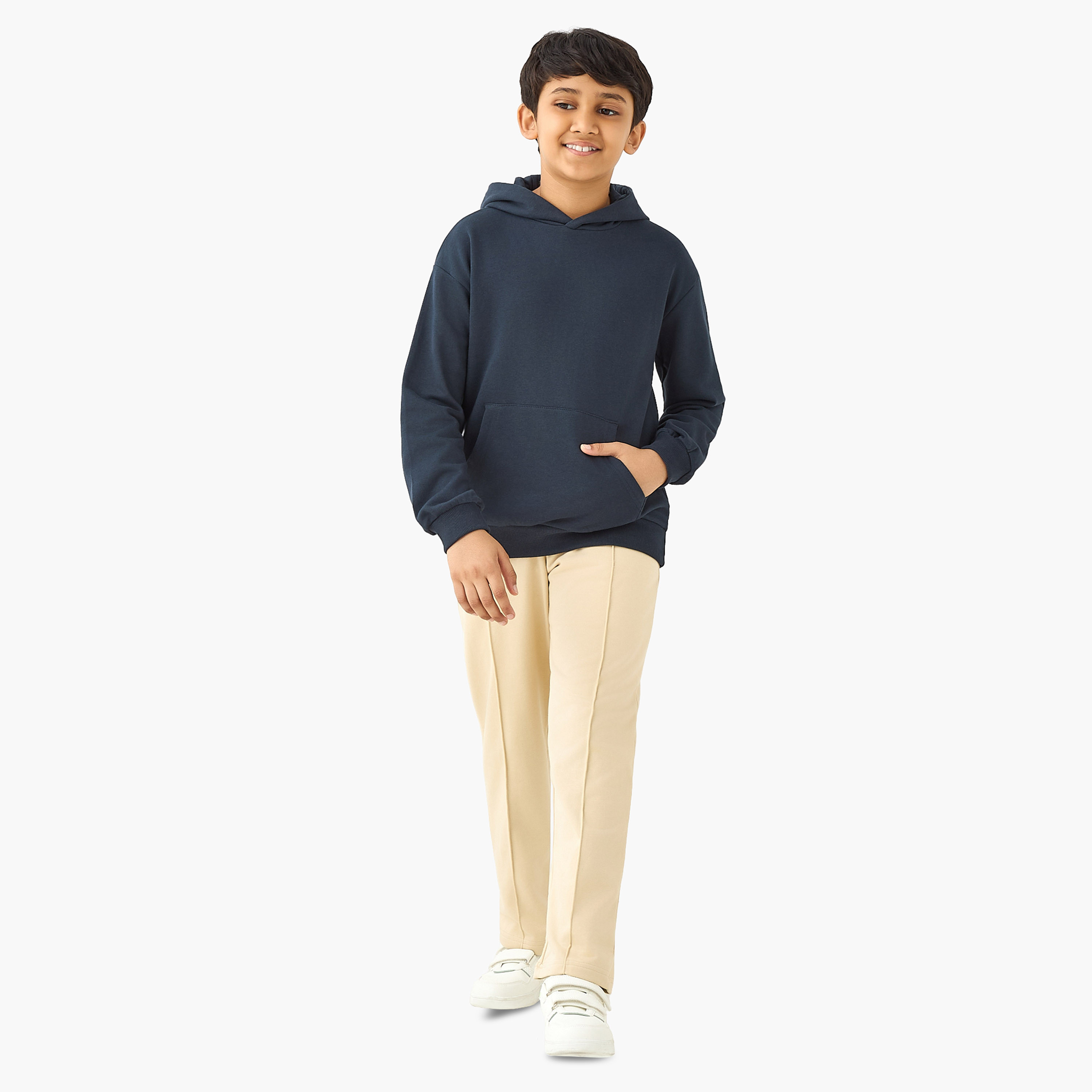 Juniors Solid Hooded Sweatshirt with Long Sleeves and Kangaroo Pockets-boys-clothing-sweatshirts-image-2