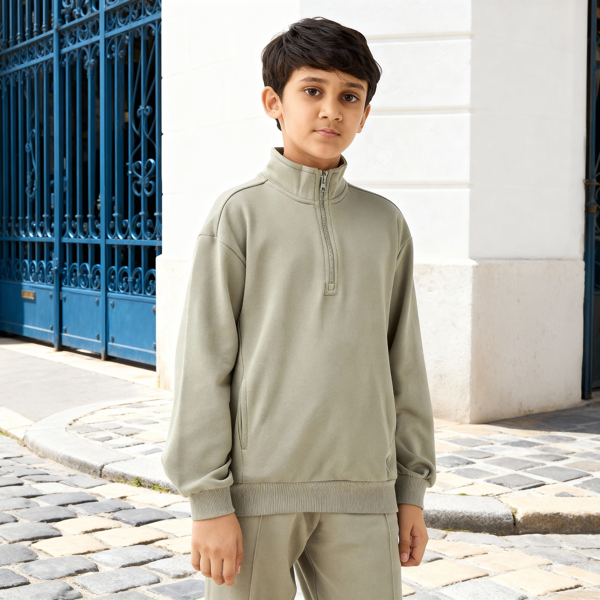 Juniors Solid High Neck Sweatshirt with Zip Closure-boys-clothing-sweatshirts-image-1