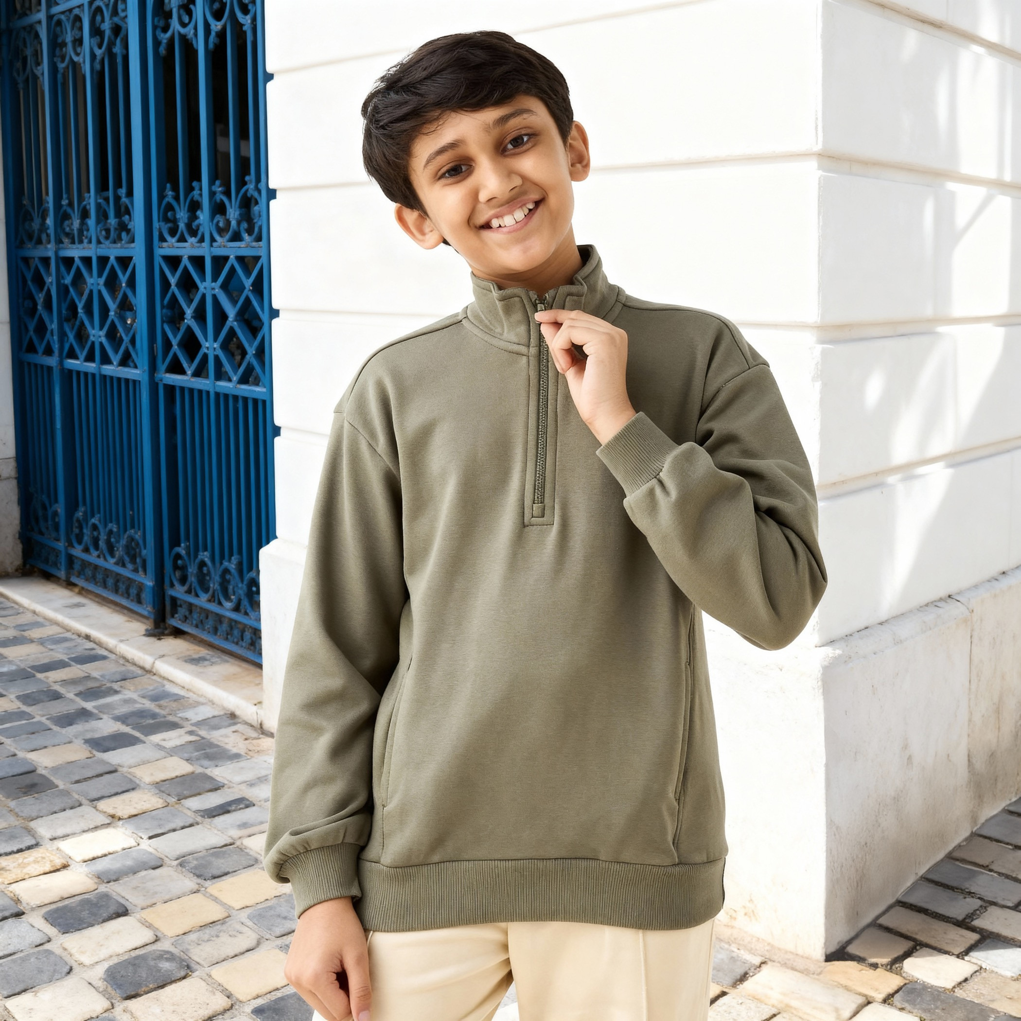 Juniors Solid High Neck Sweatshirt with Zip Closure-boys-clothing-sweatshirts-image-1
