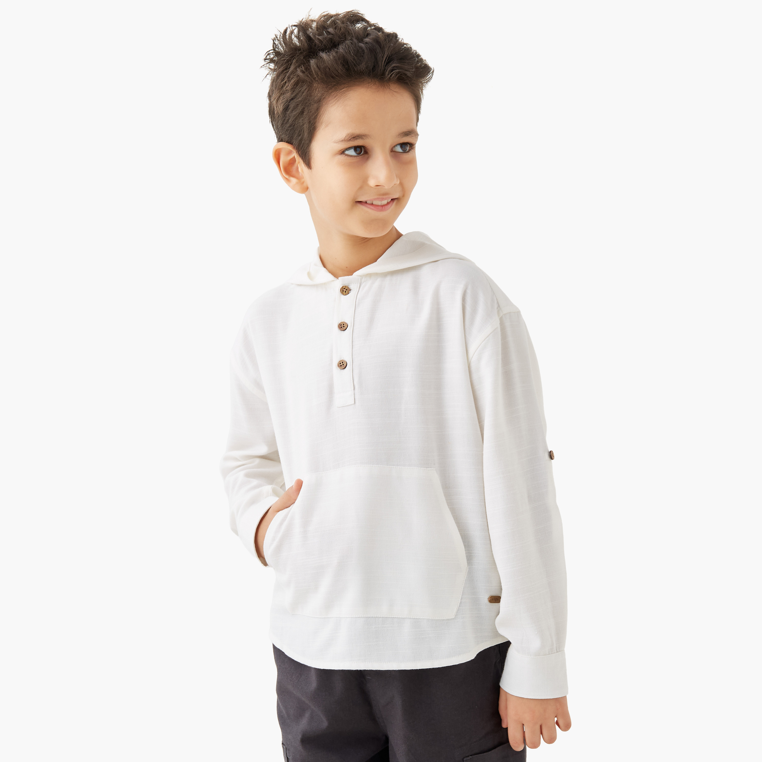 Eligo Solid Hooded Shirt with Long Sleeves and Kangaroo Pockets-boys-clothing-shirts-image-1