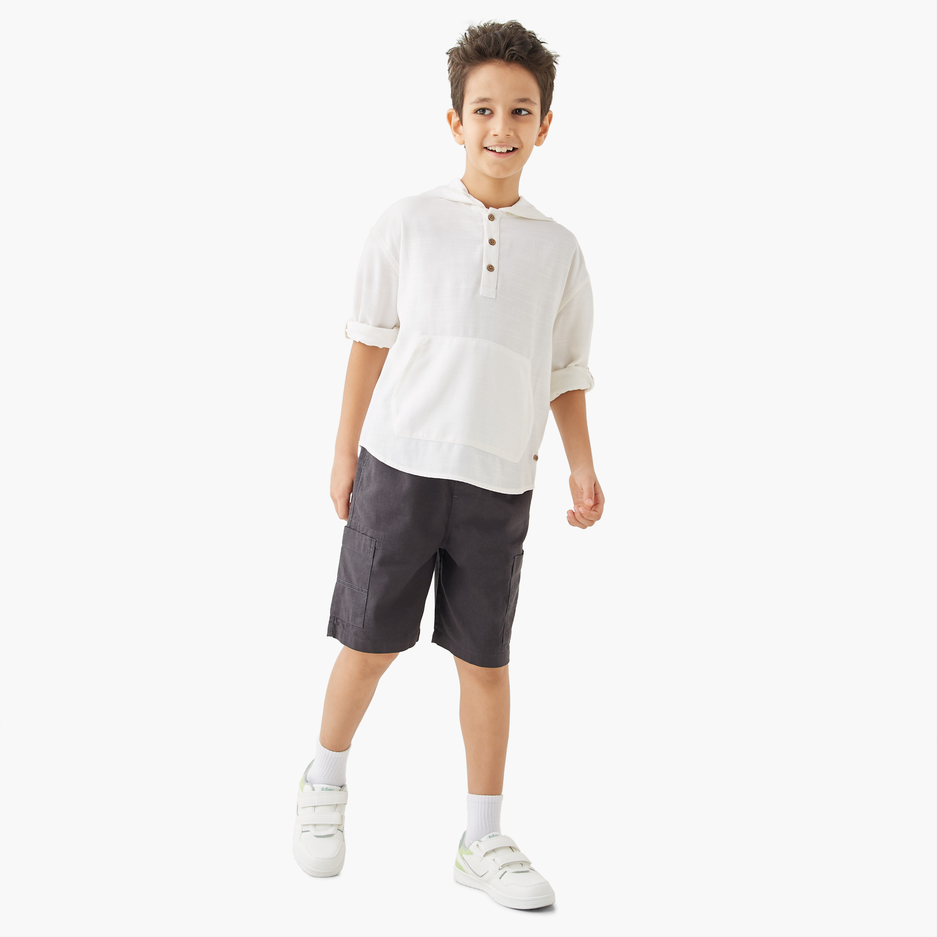 Eligo Solid Hooded Shirt with Long Sleeves and Kangaroo Pockets-boys-clothing-shirts-image-2