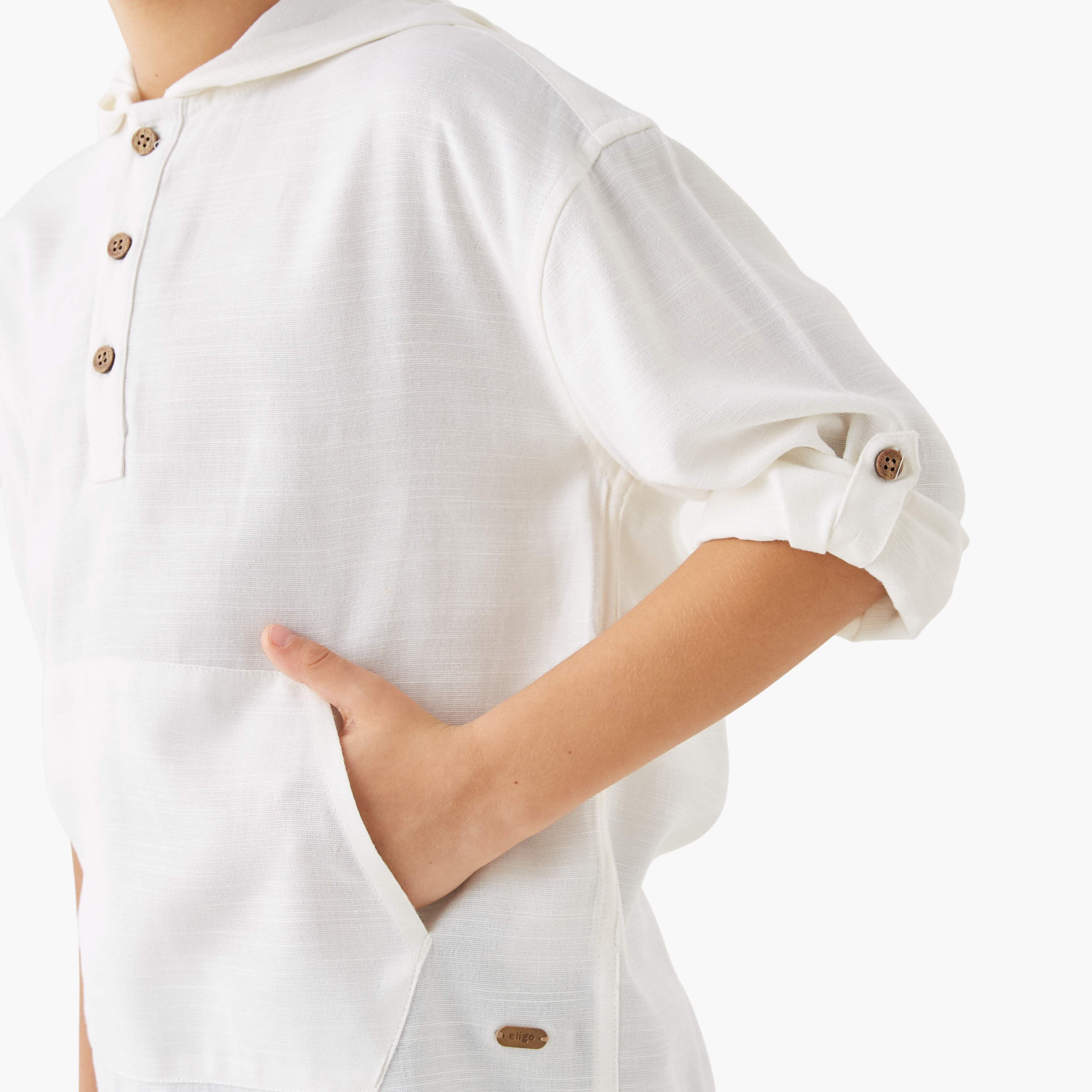 Eligo Solid Hooded Shirt with Long Sleeves and Kangaroo Pockets-boys-clothing-shirts-image-4