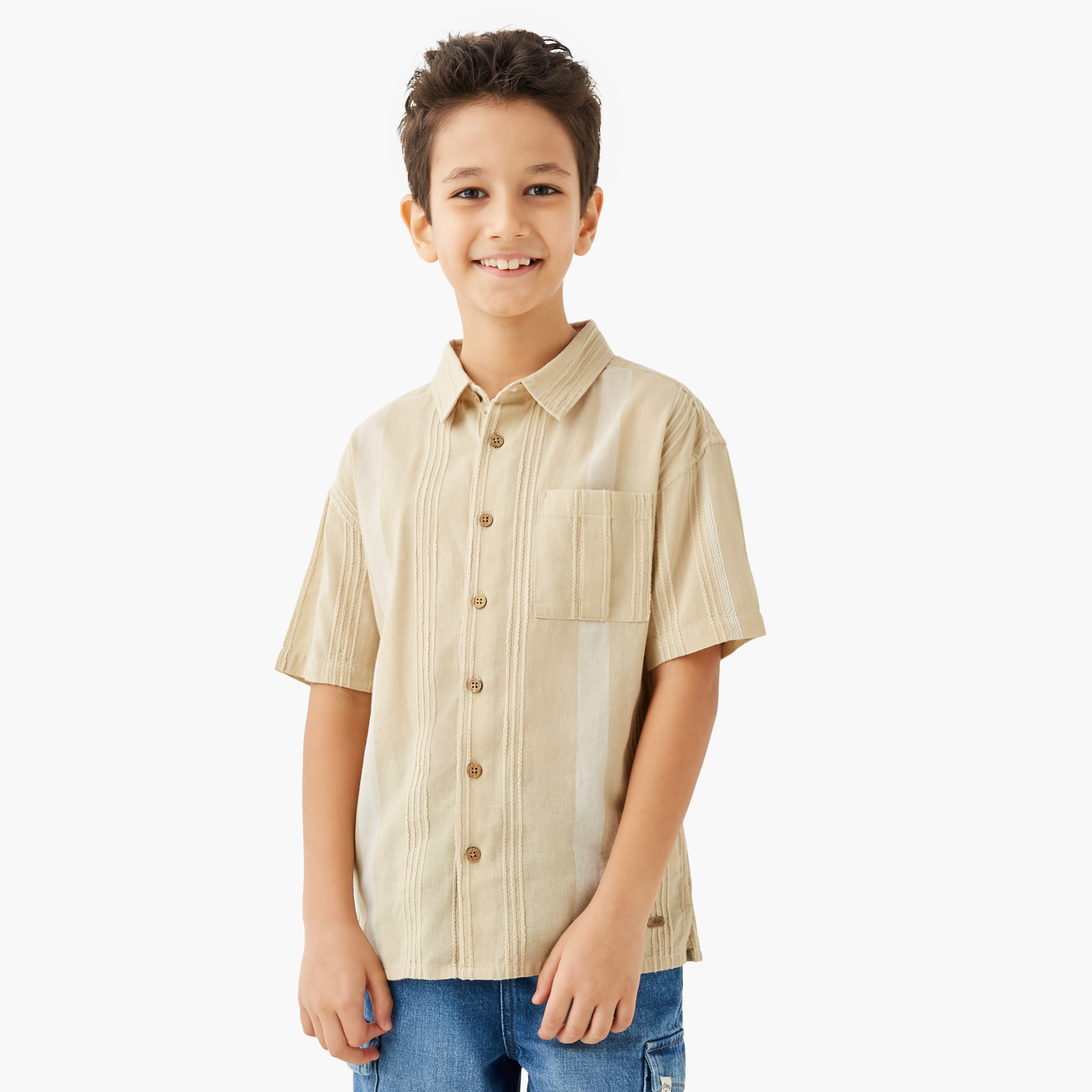 Eligo Striped Collared Shirt with Pocket and Short Sleeves-boys-clothing-shirts-image-1