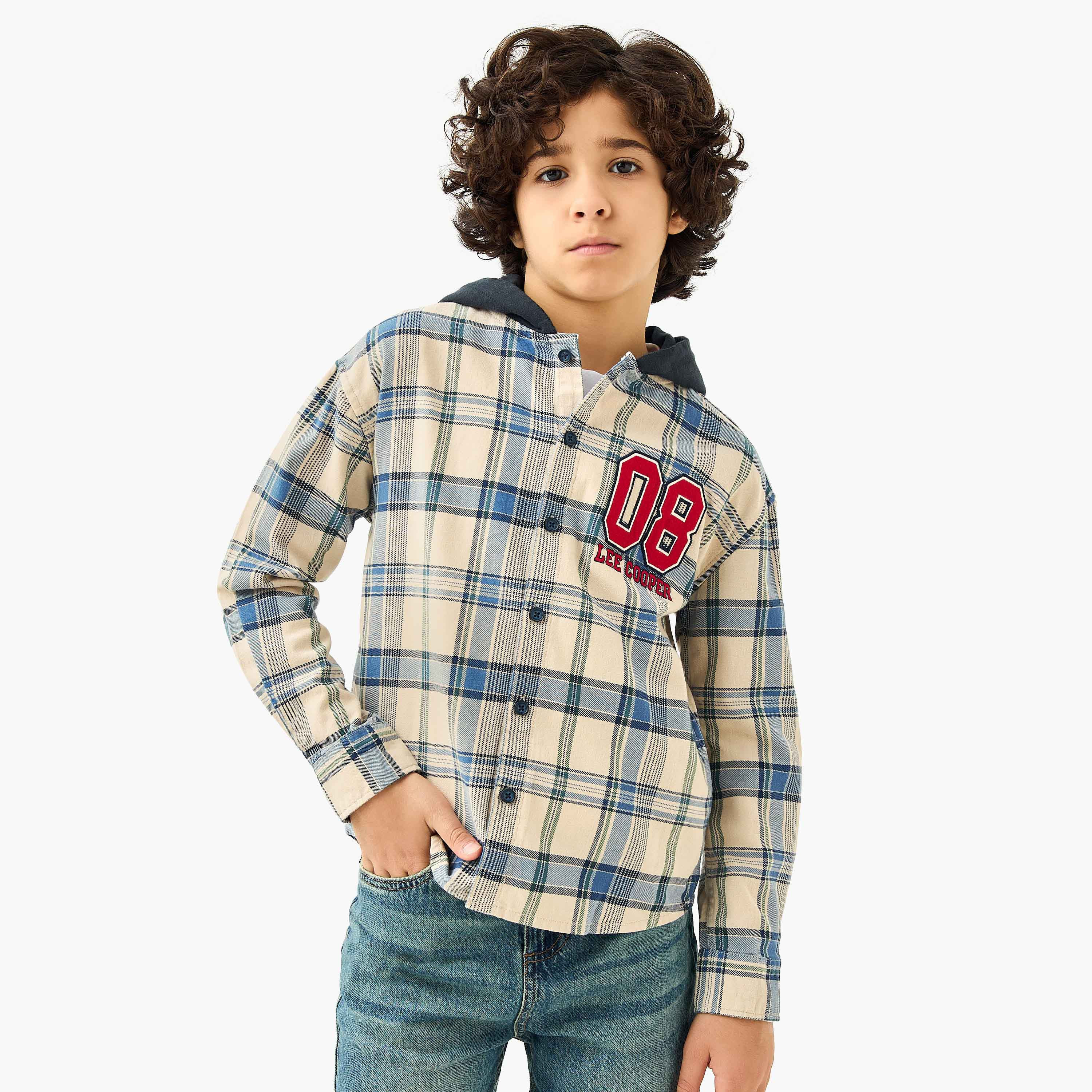 Lee Cooper Checked Hooded Shirt with Long Sleeves-boys-clothing-shirts-image-1