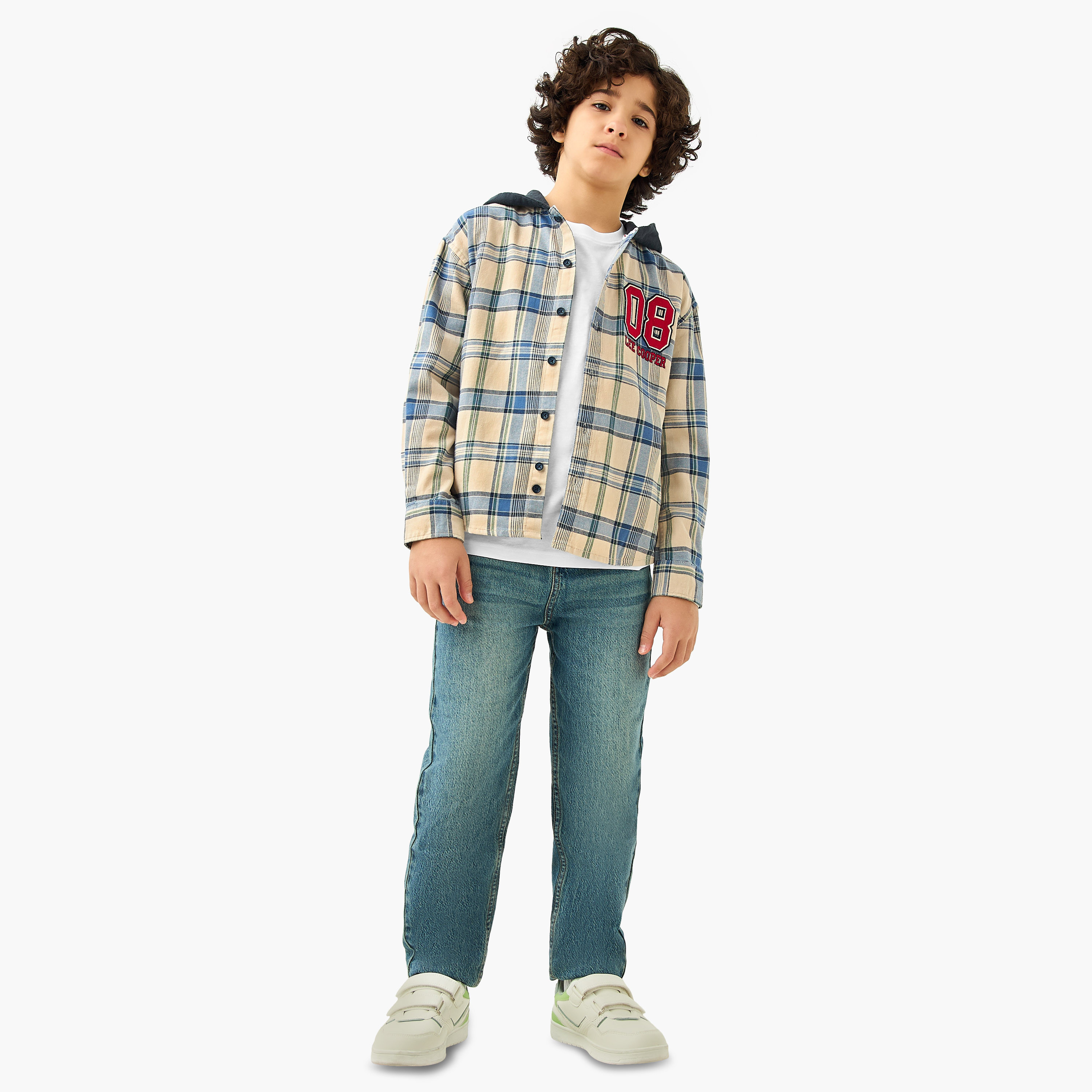 Lee Cooper Checked Hooded Shirt with Long Sleeves-boys-clothing-shirts-image-2