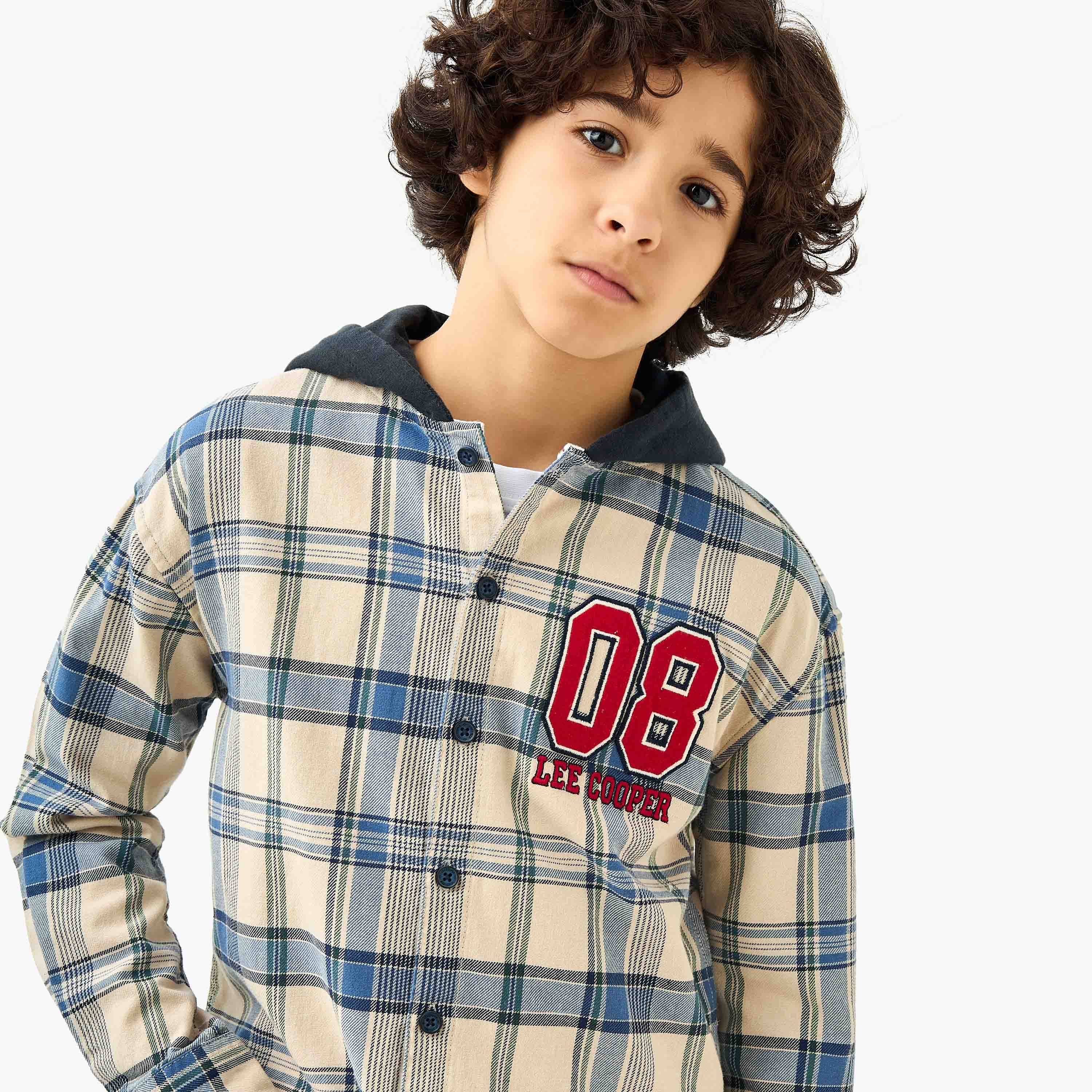 Lee Cooper Checked Hooded Shirt with Long Sleeves-boys-clothing-shirts-image-4