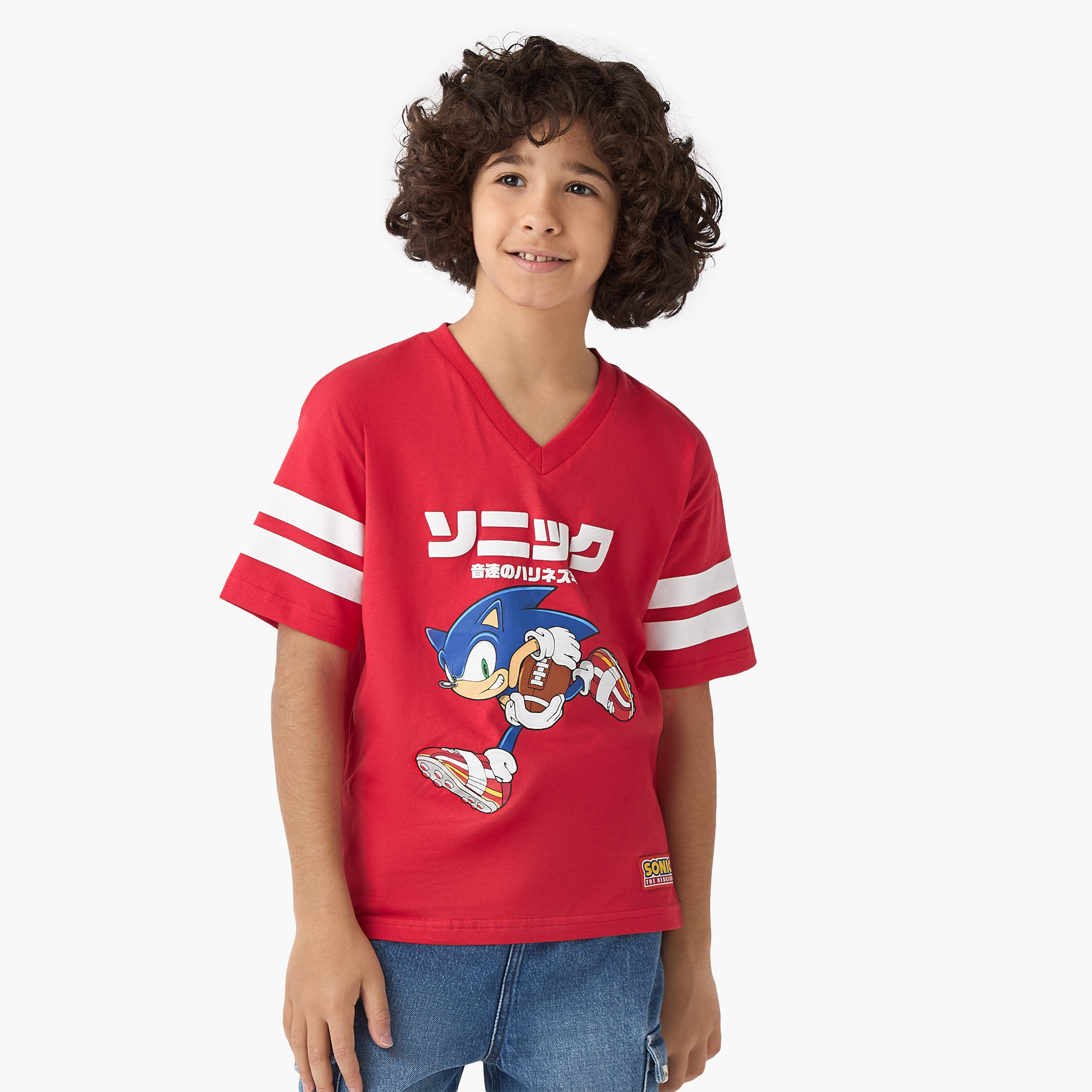 Sonic The Hedgehog Print V-neck T-shirt with Short Sleeves-boys-clothing-tshirtsandpolos-image-1
