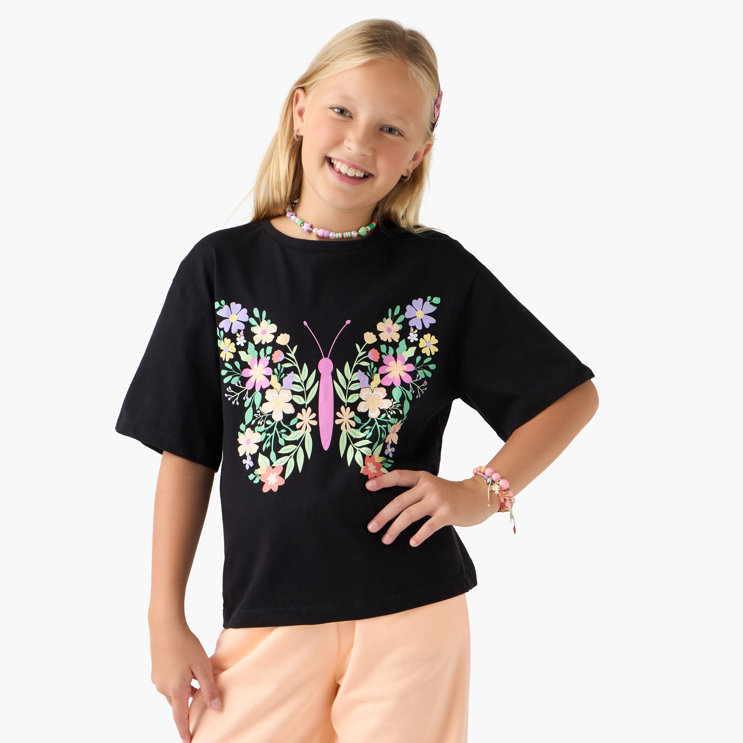 تيشيرت بنات بياقة مستديرة بطبعات فراشات - قطن - أكمام قصيرة من جونيورز-girls-clothing-tshirts-image-1