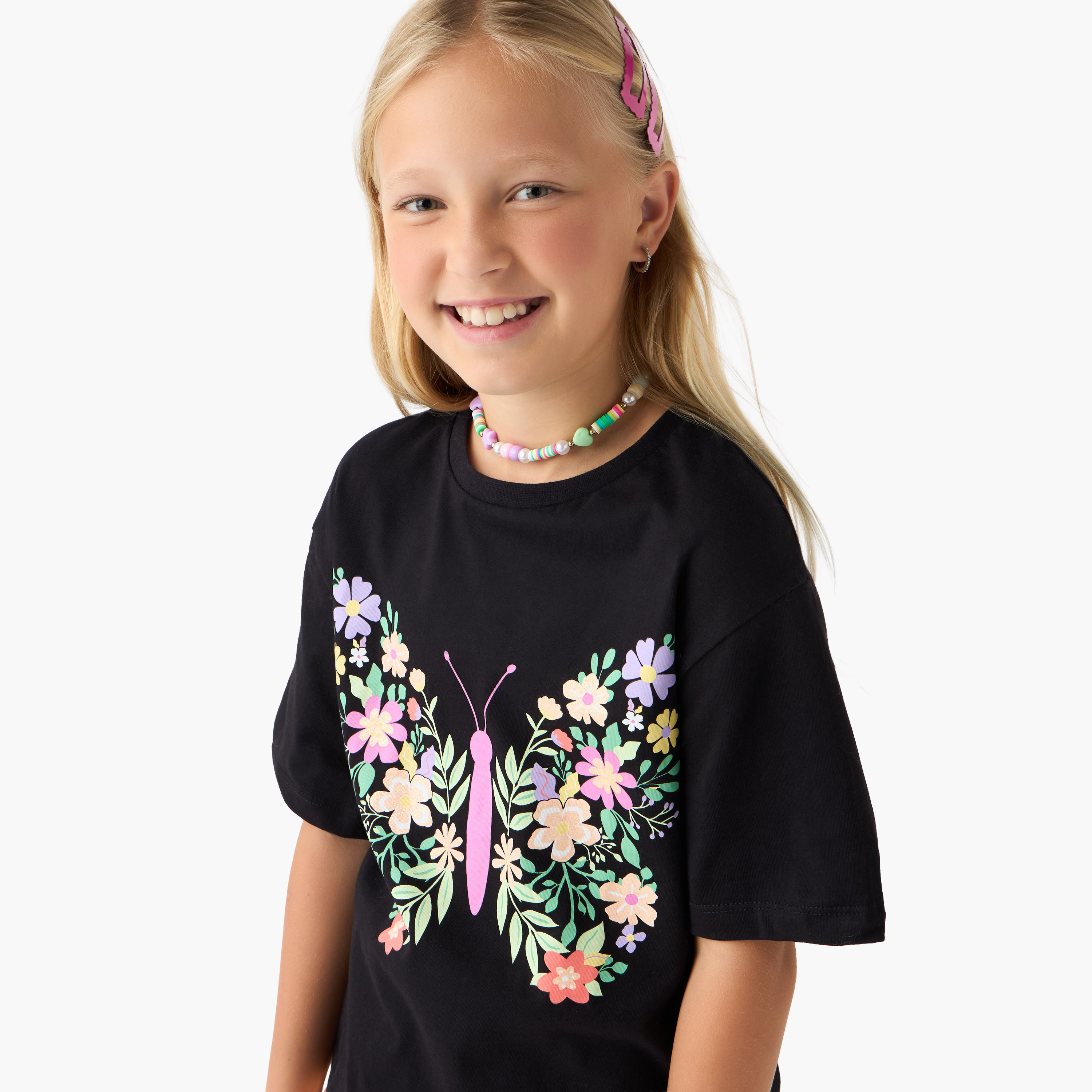تيشيرت بنات بياقة مستديرة بطبعات فراشات - قطن - أكمام قصيرة من جونيورز-girls-clothing-tshirts-image-4