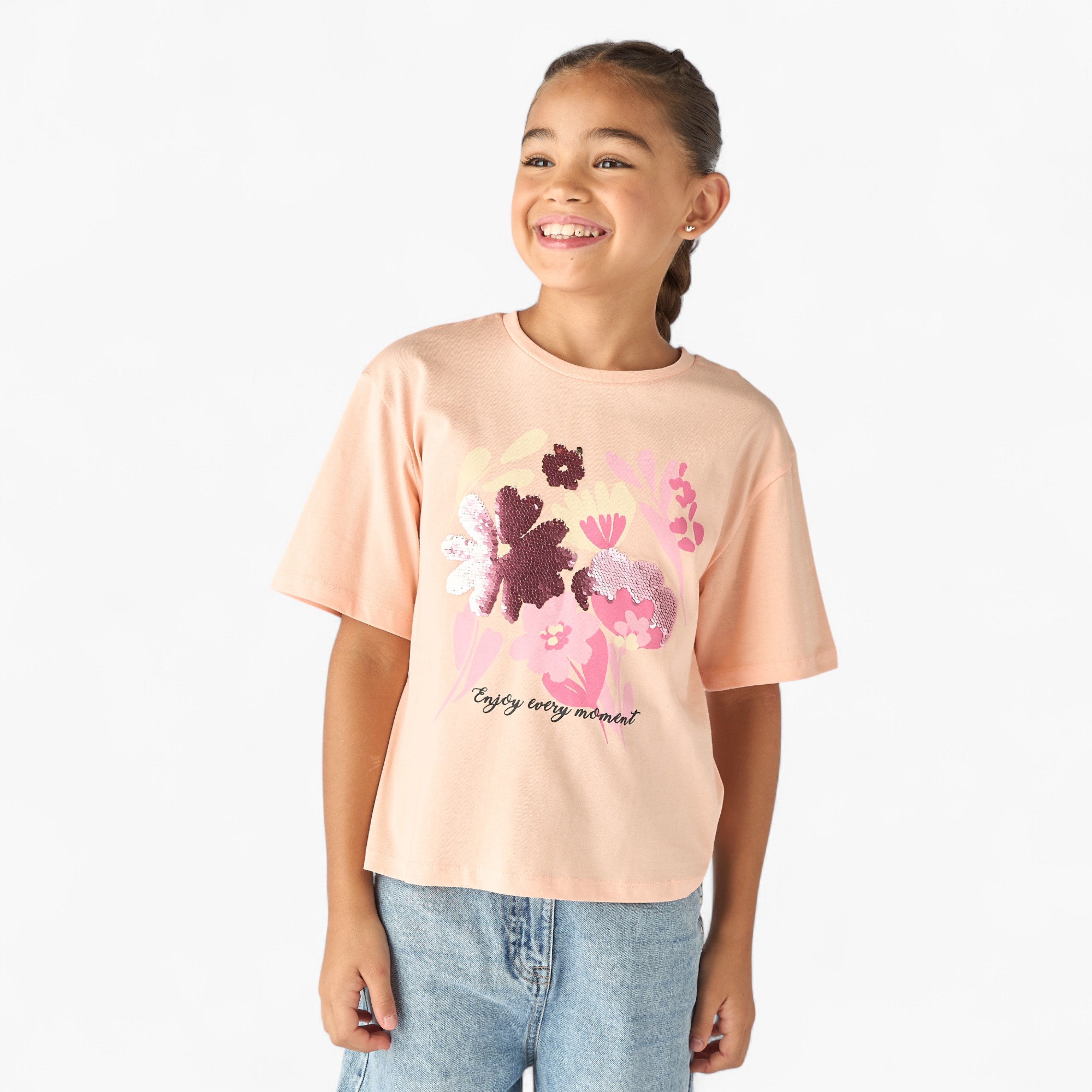 Juniors Floral Embellished T-shirt with Short Sleeves-girls-clothing-tshirts-image-1