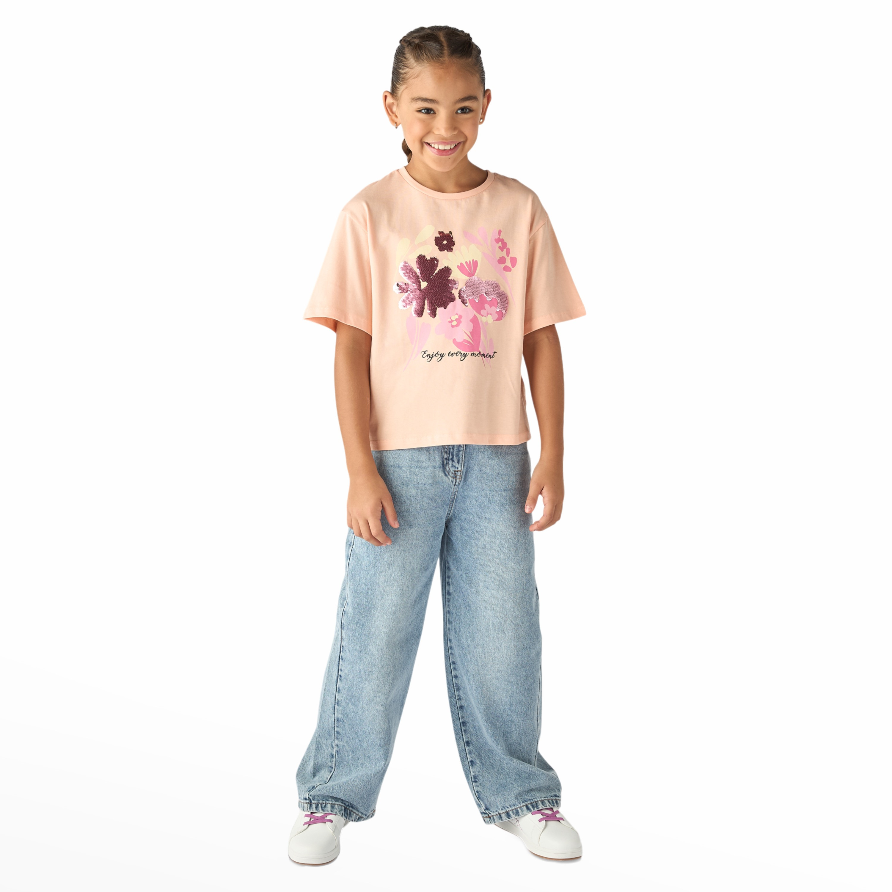 Juniors Floral Embellished T-shirt with Short Sleeves-girls-clothing-tshirts-image-2
