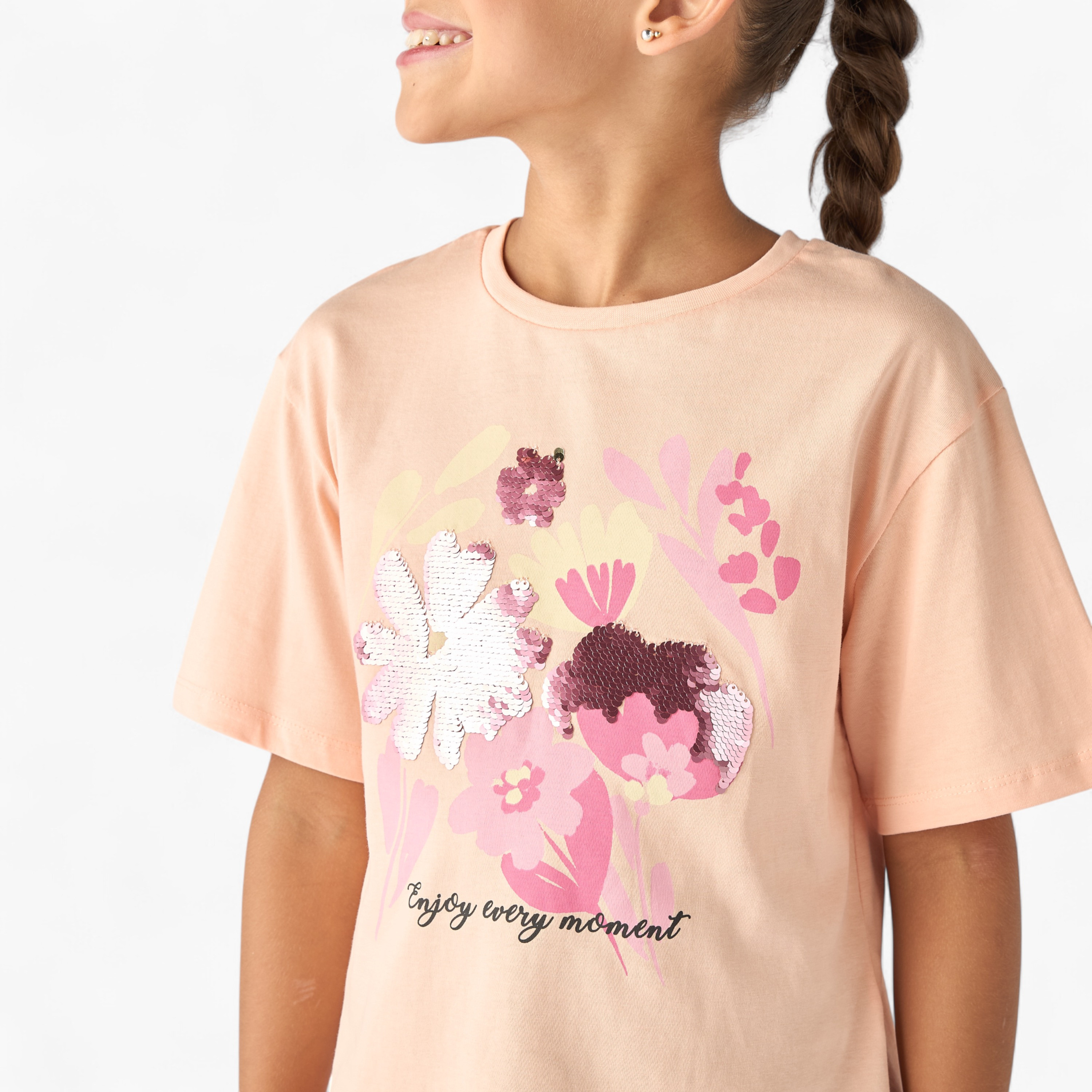 Juniors Floral Embellished T-shirt with Short Sleeves-girls-clothing-tshirts-image-4
